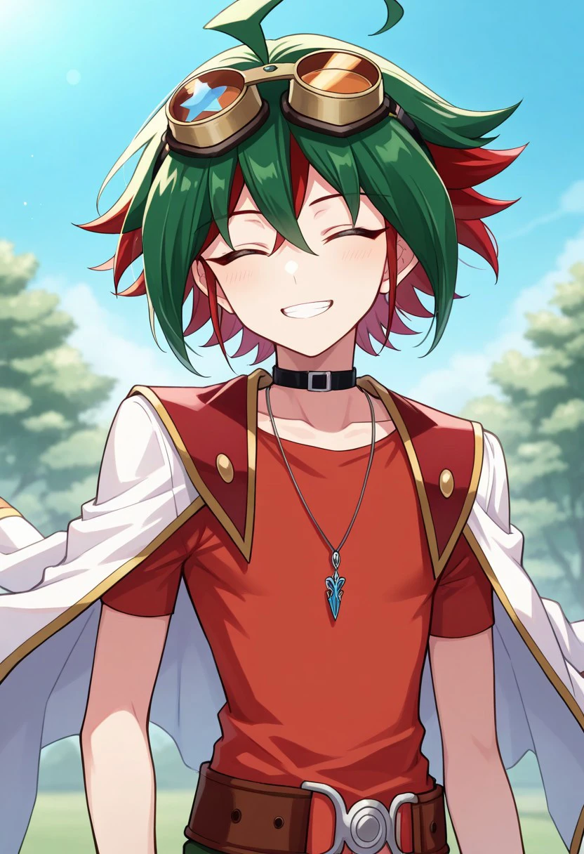 masterpiece, best quality, 
yuya, 1boy, male focus, solo, closed eyes, multicolored hair, two-tone hair, green hair, red hair, ahoge, hair between eyes, spiked hair, bangs, goggles, goggles on head, jewelry, necklace, pendant, choker, shirt, red shirt, short sleeves, jacket, white jacket, jacket over shoulder, upper body, smile, teeth, happy
outdoor, sky