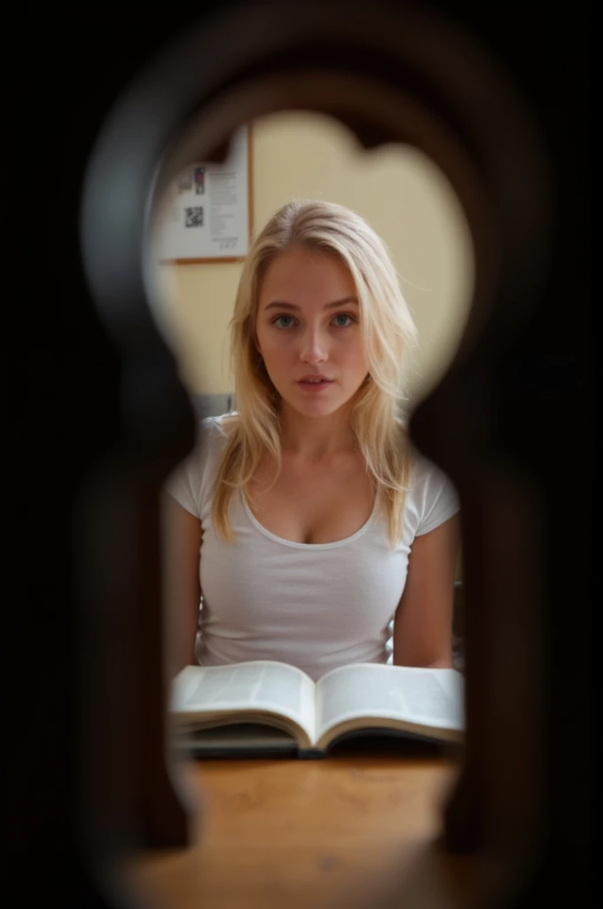 A photo of a view through a keyhole, showing a woman with blond hair sitting on a table and read a book, she is looking at camera.  <lora:Flux_Keyhole_Sevenof9-000012:1>