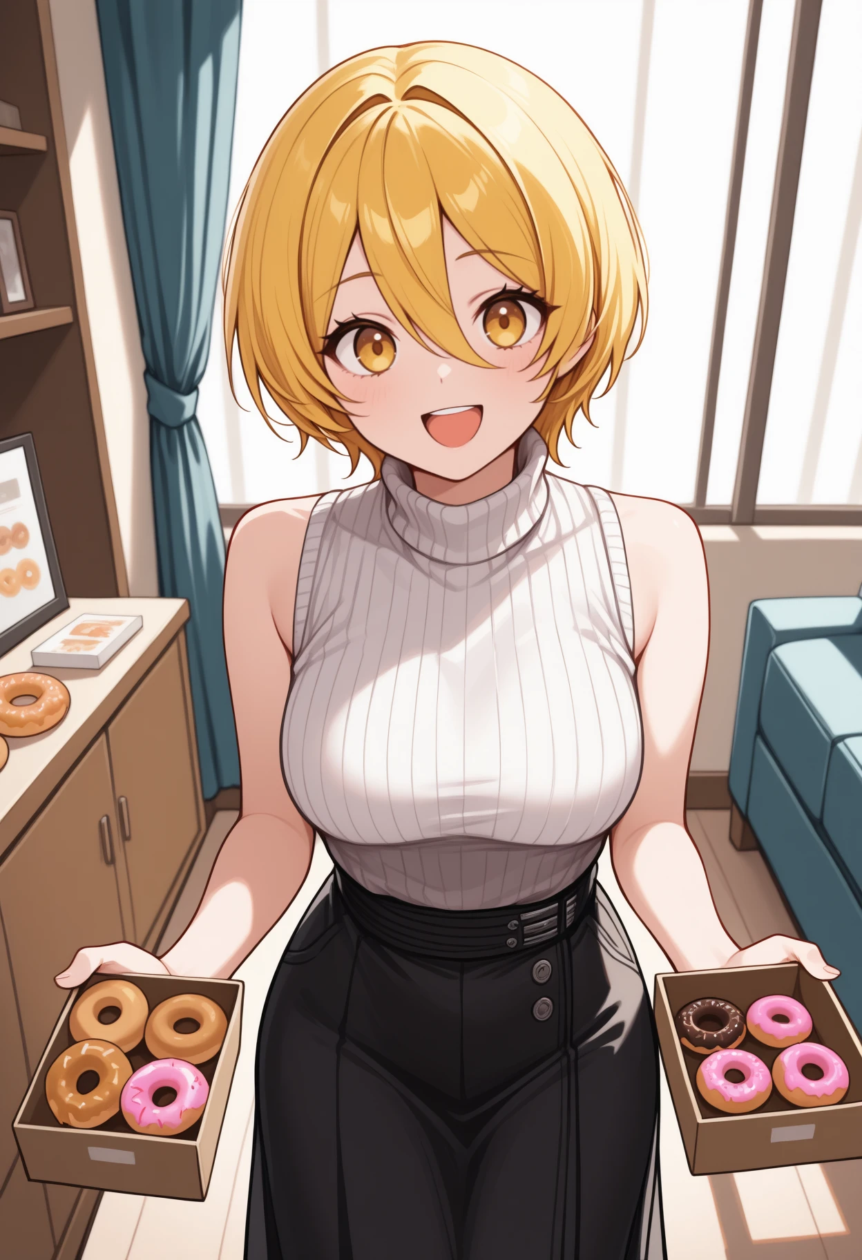 masterpiece, best quality, solo, 1girl, d0nquix0tedef, :d, upper teeth only, looking at viewer, standing, holding box, open box, doughnut, short hair, blonde hair, hair between eyes, yellow eyes, white sweater, ribbed sweater, sleeveless turtleneck, long skirt, black skirt, indoors, living room, window, curtains
<segment:yolo-Anzhc Face seg 640 v2 y8n.pt,0.4,0.5//cid=1>