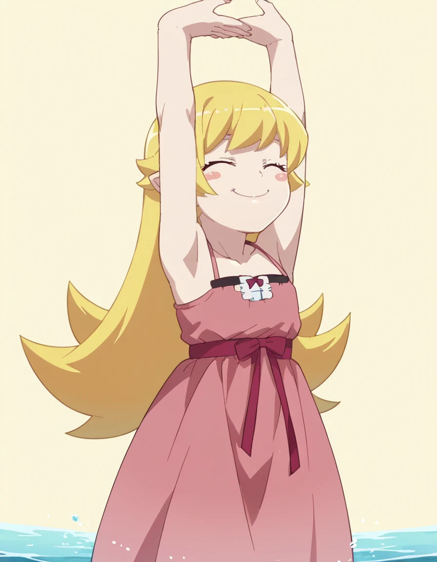 score_9, score_8_up, score_7_up, source_anime, <lora:shinobu-oshino-offmonster-ponyxl-lora-nochekaiser:1>, shinobu oshino, long hair, blonde hair, anime screencap, yellow eyes, dress, bare shoulders, pointy ears, pink dress, spaghetti strap, child, blush stickers,, rice paddy, water, green, farming, rows, smile, <lora:cammy-stretch-ponyxl-lora-nochekaiser:1> cammy stretch, cammy stretch (meme), stretching, arms up, arched back, closed eyes, smile, cowboy shot,, looking at viewer, solo,, dutch angle, cowboy shot