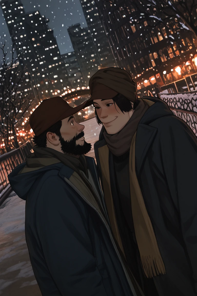 realistic shading, natural lighting, gay couple focus, eye contact looking at another, expressive face, HanaTG, brown_HanaTG_headwear, black_HanaTG_2ndmale hair, black eyes, 2ndboy, slight blush, GinTG, black_GinTG_facial hair, black_GinTG_male hair, red_GinTG_hat, black eyes, closed mouth smile, 1stboy, happy, scarf, coat, standing at bridge, romantic, outdoors cityscape, snowing, garland, dutch angle, dynamic angle, atmospheric perspective, depth of field, intricately detailed illustration, depth of field, masterpiece, best quality, amazing quality, very aesthetic, absurdres, newest