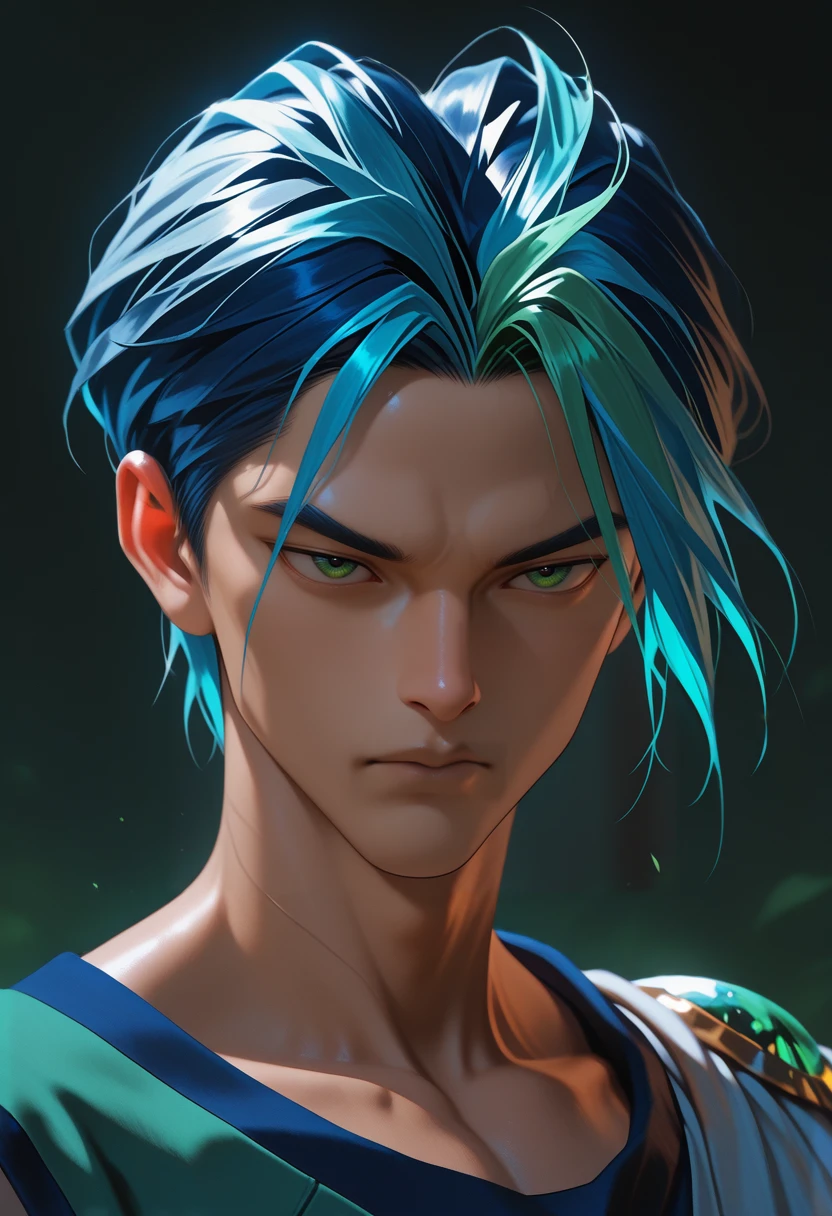 masterpiece, best quality, vibrant, very aesthetic, high contrast, realistic, 1boy, <lora:Touya_YuYu_Hakusho_ILLU:0.8> touya_yyh, two-tone hair, blue hair, green bangs, portrait, masterwork, raytracing, highly detailed, absurdres, masterful composition, cinematic lighting, rim lighting