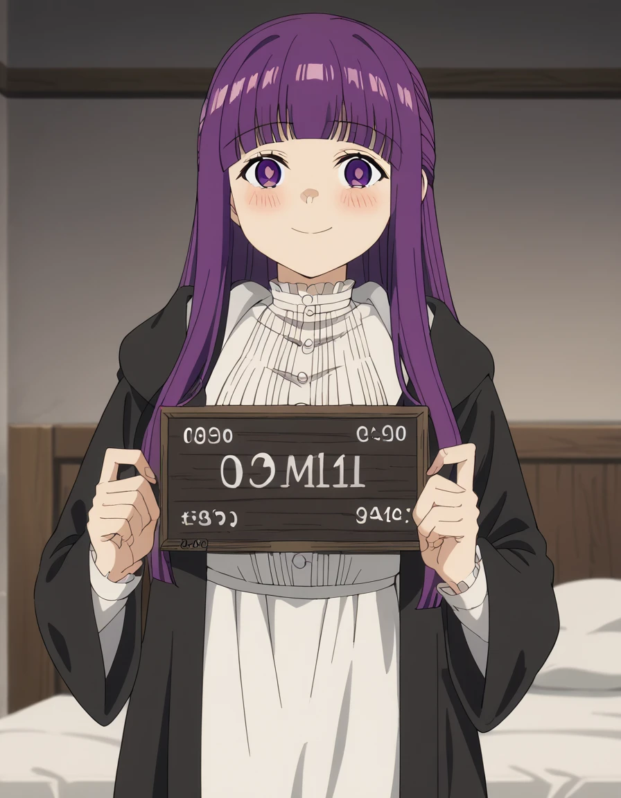 score_9, score_8_up, score_7_up, source_anime, <lora:fern-s1-v2-ponyxl-lora-nochekaiser:1>, fern, long hair, bangs, purple eyes, purple hair, sidelocks, blunt bangs, bright pupils, half updo, large breasts, anime screencap, long sleeves, dress, white dress, long dress, robe, black robe,, bedroom, alarm clock, morning routine, yawning, stretching, on bed, smile, <lora:barbie-mugshot-ponyxl-lora-nochekaiser:1> barbie mugshot, barbie mugshot (meme) height mark, holding sign, nameplate, height chart, sign, meme, blush, cowboy shot, looking at viewer, solo,, dutch angle, cowboy shot