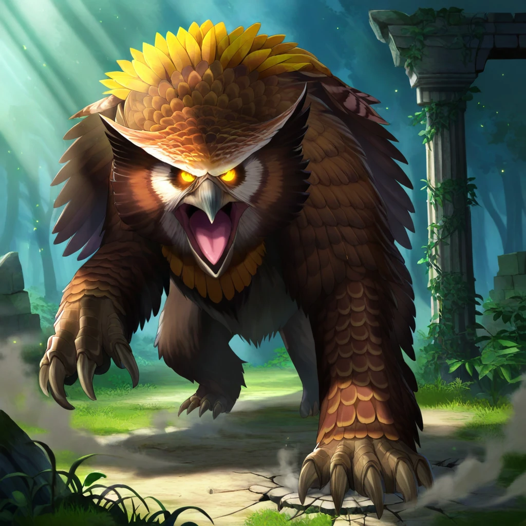 Role-playing game (RPG) style fantasy  <lora:Owlbears-illustrious:1> owlbr, anime artwork, ultra detailed textures, masterpiece, ultra defined colors, 8k, cinematic, owlbear creature, scarred with battle marks, dark golden feathers, fierce glowing eyes, ancient stone ruins overgrown with vines, soft beams of sunlight breaking through cracks, dust particles, mid-range shot, dynamic pose, dramatic light and shadow interplay, fantasy jungle setting . Detailed, vibrant, immersive, reminiscent of high fantasy RPG games