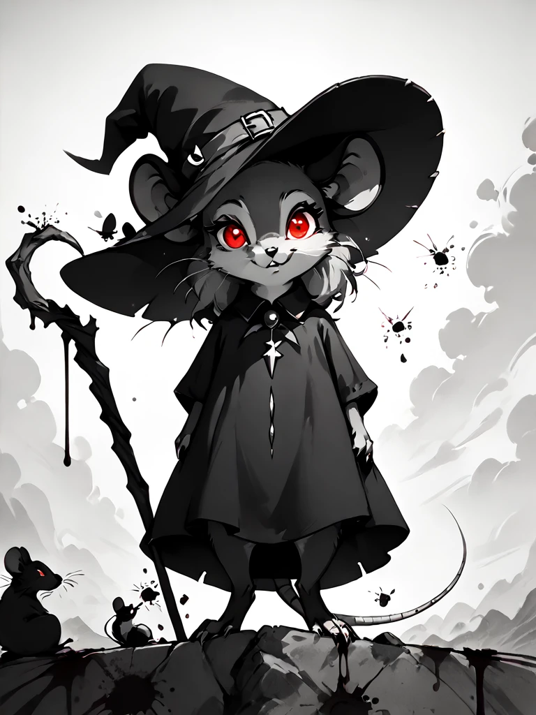 score_9, score_8_up, score_8, (solo), (fluffy:0.8), (feral), outdoors, furry, (((mouse))), female, glowing red eyes, grey fur, black ears, claws, (fluffy cheeks:0.4), witch hat, (black dress), (magical staff), (cute:0.3), cel-shading, monochromemuse, monochrome, greyscale, ink splatter, sky, backlit, dark aura, arkane_dark. dramatic angle <lora:monochromemuse:0.8> monochromemuse, monochrome, greyscale, ink splatter <lora:VstickXL:0.8> vstick, score_9,score_8_up,score_7_up,highres, masterpiece,