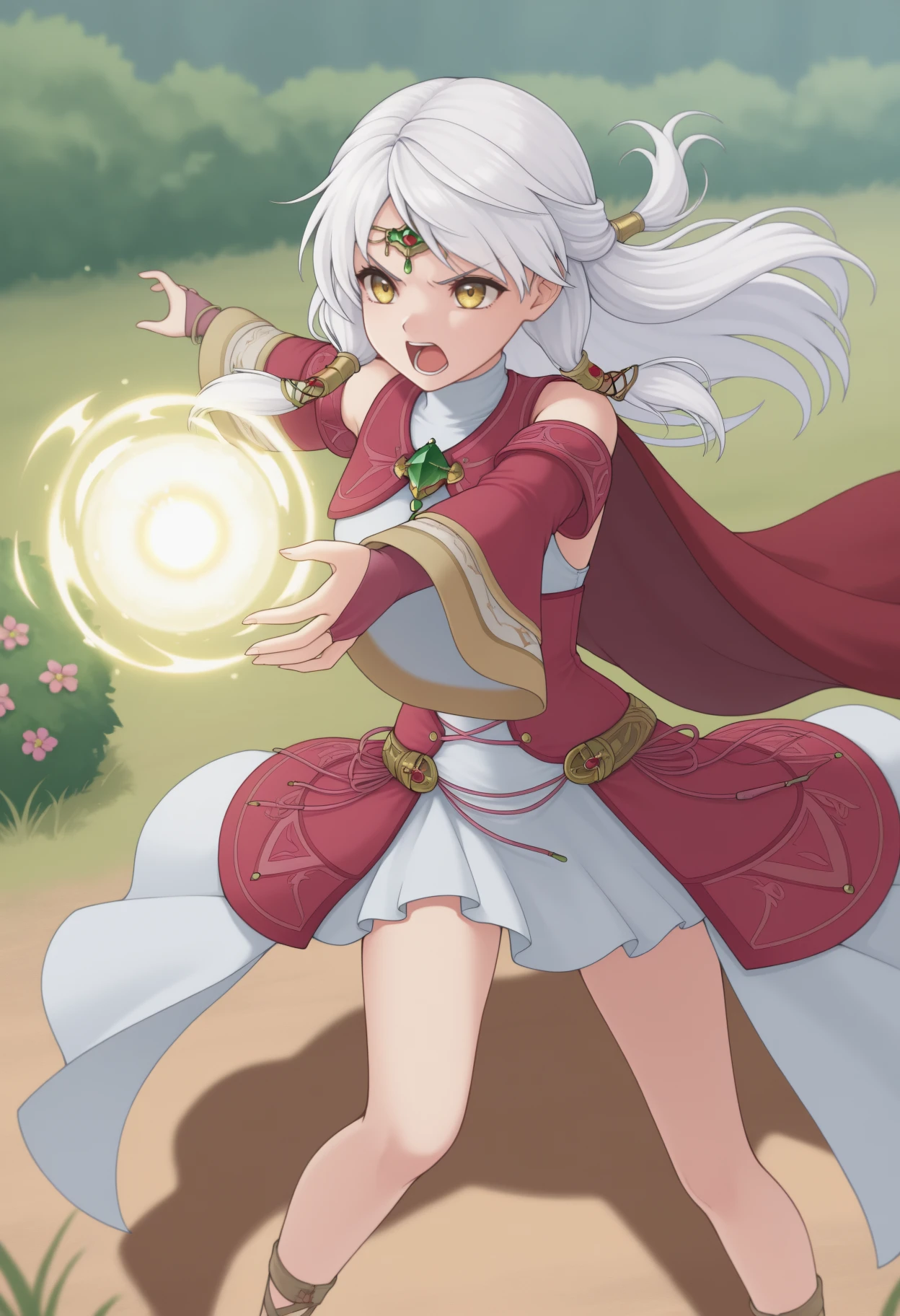 masterpiece, best quality, solo, 1girl, mchbrv, shouting, looking away, outstretched arm, casting spell, energy ball, long hair, white hair, half updo, hair tubes, circlet, yellow eyes, v-shaped eyebrows, red cape, brooch, green gemstone, white dress, turtleneck dress, sleeveless dress, pink dress, long sleeves, wide sleeves, detached sleeves, bridal gauntlets, bare shoulders, outdoors, grass, dirt, flower, bush, shadow
<segment:yolo-Anzhc Face seg 640 v2 y8n.pt,0.4,0.5//cid=1>