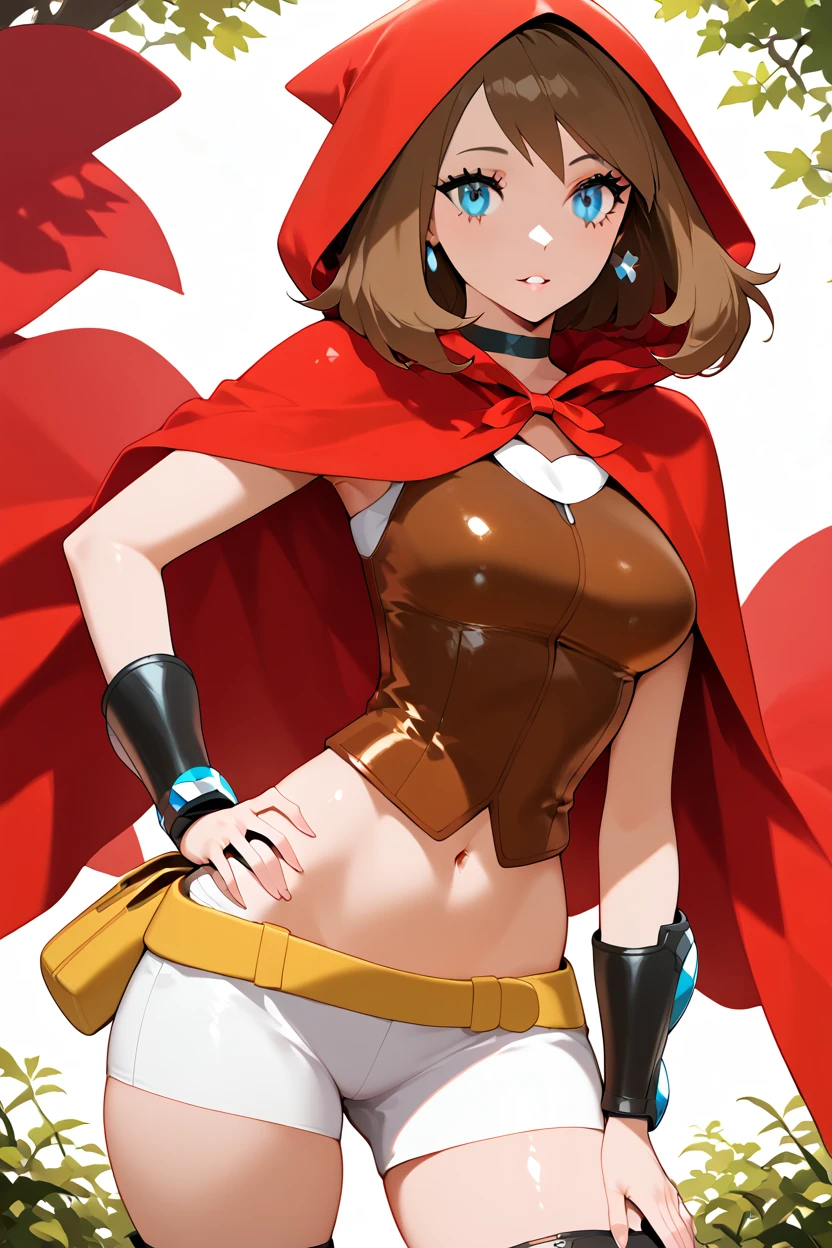 score_9, score_8_up, score_8, medium breasts, (curvy), cute, eyelashes,      ,,,  zzRedMayCitron, blue eyes, brown hair, long hair, medium hair, skirt, hood, hood up, outdoors, white skirt, red hood,  <lora:LittleRedMayPDXL:1.0>,  BREAK, solo, thighhighs, navel, jewelry, medium breasts, cowboy shot, earrings, parted lips, shorts, choker, midriff, armor, short shorts, skindentation, black choker, shoulder armor, ,,, abstract background,  ,,, hand on hip, ,,, embedding:zPDXL, Expressiveh, ,,, <lora:Halphelt_PDXL-000008:0.8>, <lora:Uncensored_PonyXL_cpt_v02.09:0.4>, <lora:Expressive_H-000001:0.4>,