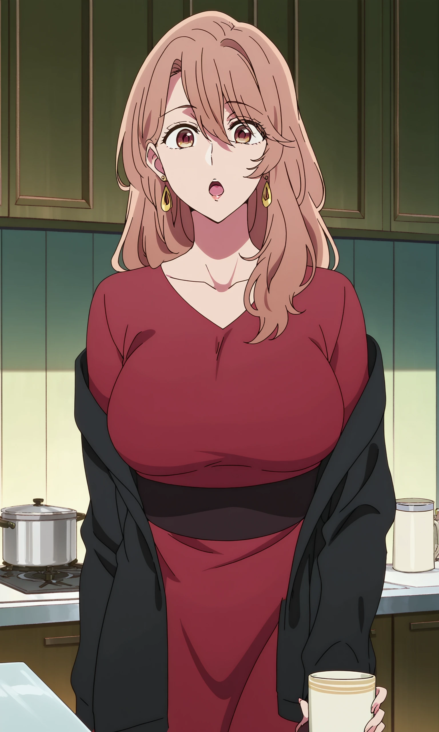 anime coloring, anime screencap, masterpiece, best quality, amazing quality, detailed face,
 <lora:Miyako_Saitou_Oshi_No_Ko_-_Illustrious_r1:1>1girl, solo, earrings, jewelry, breasts, open mouth, cup, long hair, red dress, black jacket, jacket, looking at viewer, mature female, brown hair, dress, large breasts, collarbone, hair between eyes, off shoulder, long sleeves, red shirt, kitchen, shirt, indoors, brown eyes