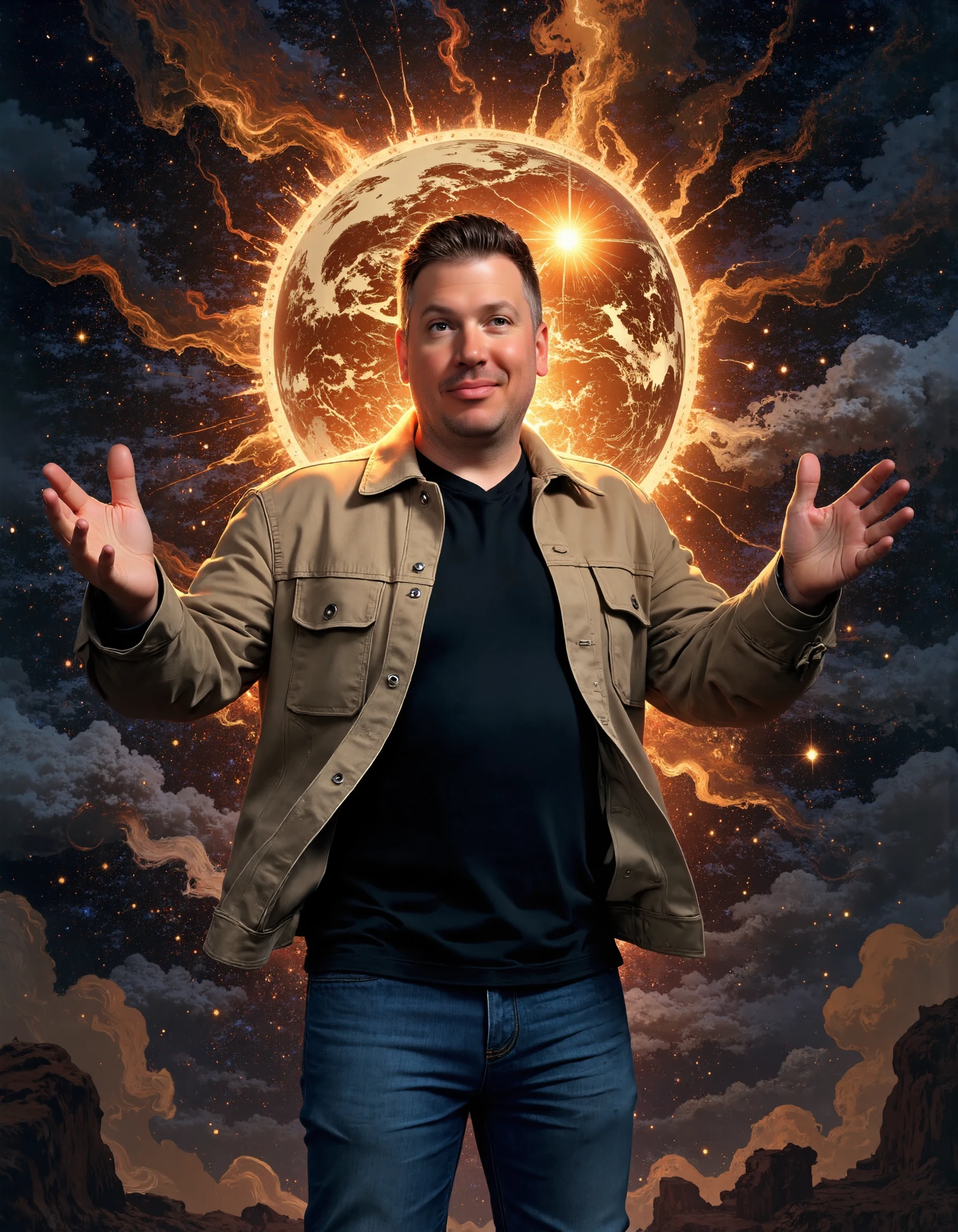 A stunning and surreal scene featuring comedian Dave Landau wearing casual clothes: a khaki jacket, black shirt, and blue jeans. He floats in the vast expanse of galactic space, surrounded by swirling nebulae and glowing stars. (His arms are stretched forward as he holds a massive, glowing Earth sphere in his hands:1.2), symbolizing his immense power and god-like presence. His eyes radiate with a celestial glow, projecting omnipotence and unmatched cosmic energy. Ethereal light emanates from his figure, creating a breathtaking aura of divine strength. The scene is majestic, with the Earth sphere glowing vibrantly, casting reflections onto Dave’s form, as he exudes an awe-inspiring cosmic majesty.