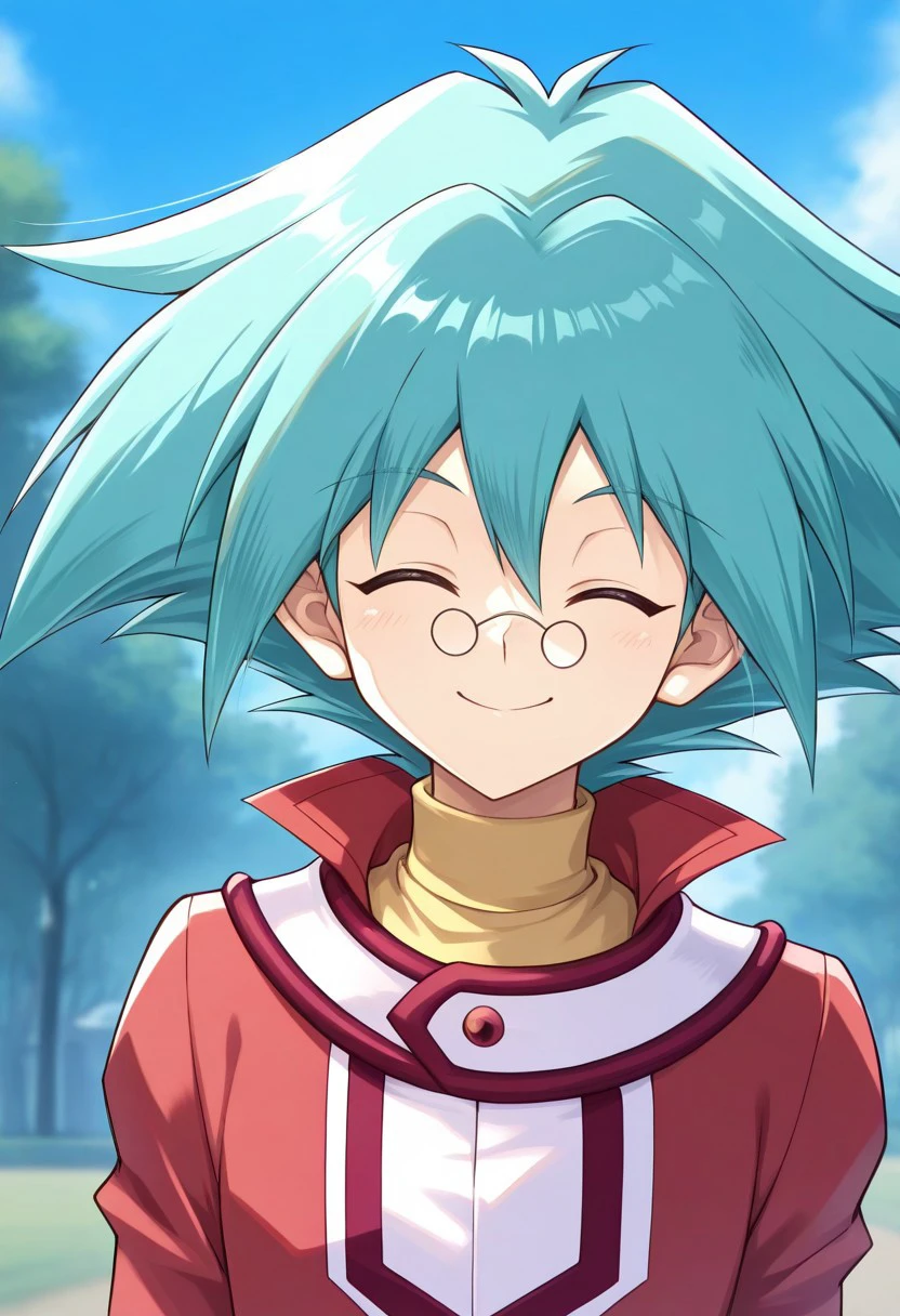 masterpiece, best quality, 
ShoMarufuji, 1boy, male focus, solo, closed eyes, glasses, round eyewear, pince-nez, aqua hair, spiked hair, hair between eyes, duel academy uniform (yu-gi-oh! gx), shirt, yellow shirt, turtleneck, jacket, red jacket, long sleeves, smile, cute
outdoor,