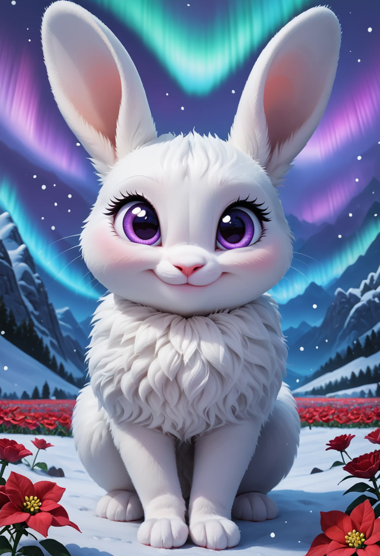 score_9, score_8_up, score_7_up, (rating_safe), feral rabbit, cute, white fur, violet eyes, eyelashes, hopping towards viewer, winter, snowing, hills, green firs, castle, (aurora, night), (red flower field, poinsettia), (shy, smile) <lora:Poinsettia_Pony:0.5>