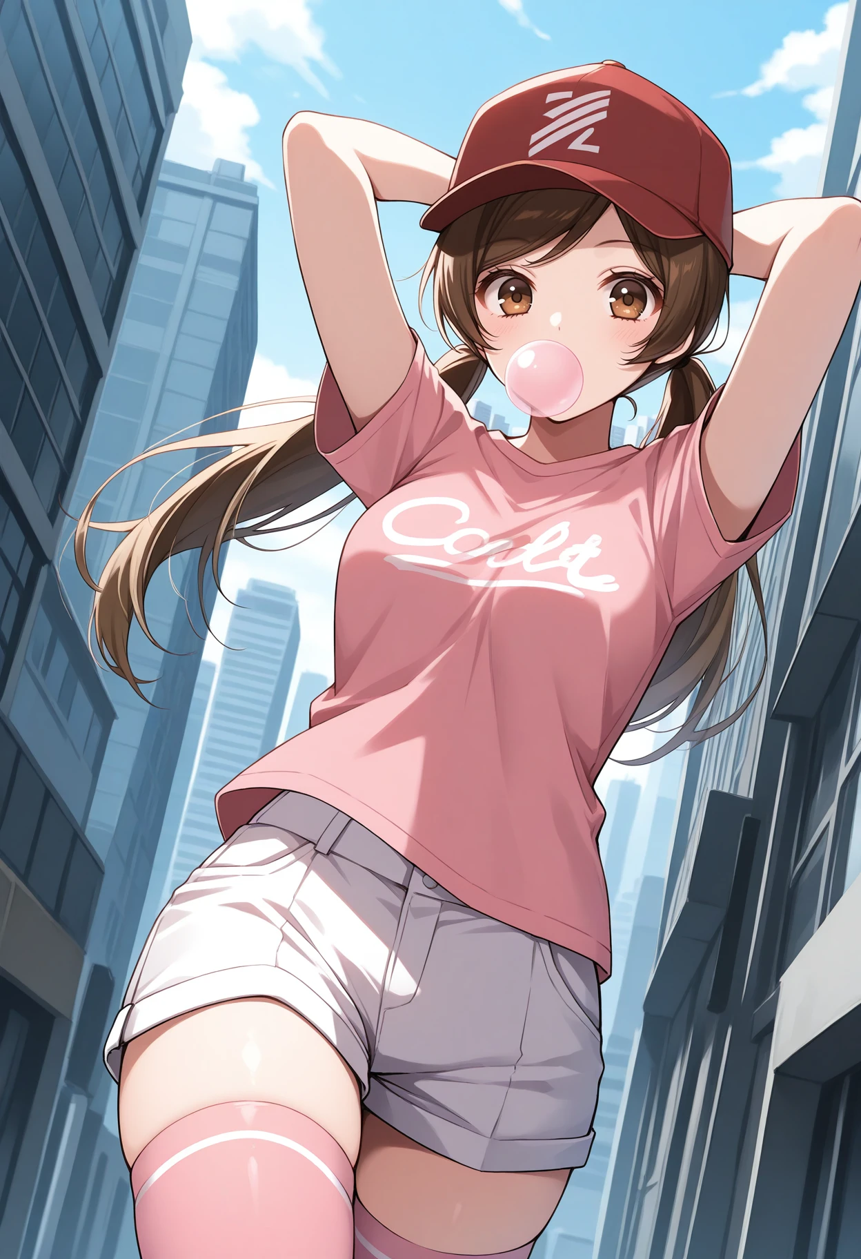 masterpiece, best quality,1girl,solo, looking at viewer, <lora:m_nanami-000008:1>, m_nanami, brown hair, brown eyes,long hair, 
twintails,baseball cap, red cap, hands behind head, bubble gum, pink t-shirt, white shorts, pink thighhighs, city, outdoors,looking at viewer,