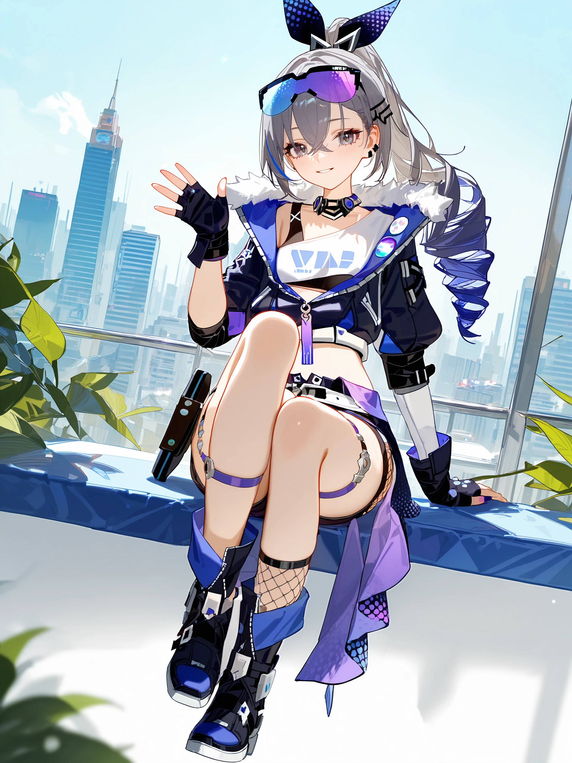 1girl, silver wolf \(honkai: star rail\), cropped jacket, fingerless gloves, black shorts, eyewear on head, sunglasses, single fishnet sock, fold-over boots, thigh strap, hair ribbon, hairclip, crop top, choker, drill ponytail, sitting, waving, smile, full body, cityscape, depth of field <lora:Char-HonkaiSR-SilverWolf-V4-SDXL:0.9>, illustration, incredibly absurdres, ultra detailed, masterpiece, best quality, perfect features, intricate details, ray tracing, very aesthetic, (hitenkei, askzy:0.4), [<lora:XL-detailed_notrigger:0.95>::0.5], [:<lora:XL-aesthetic_anime:1>:0.5],