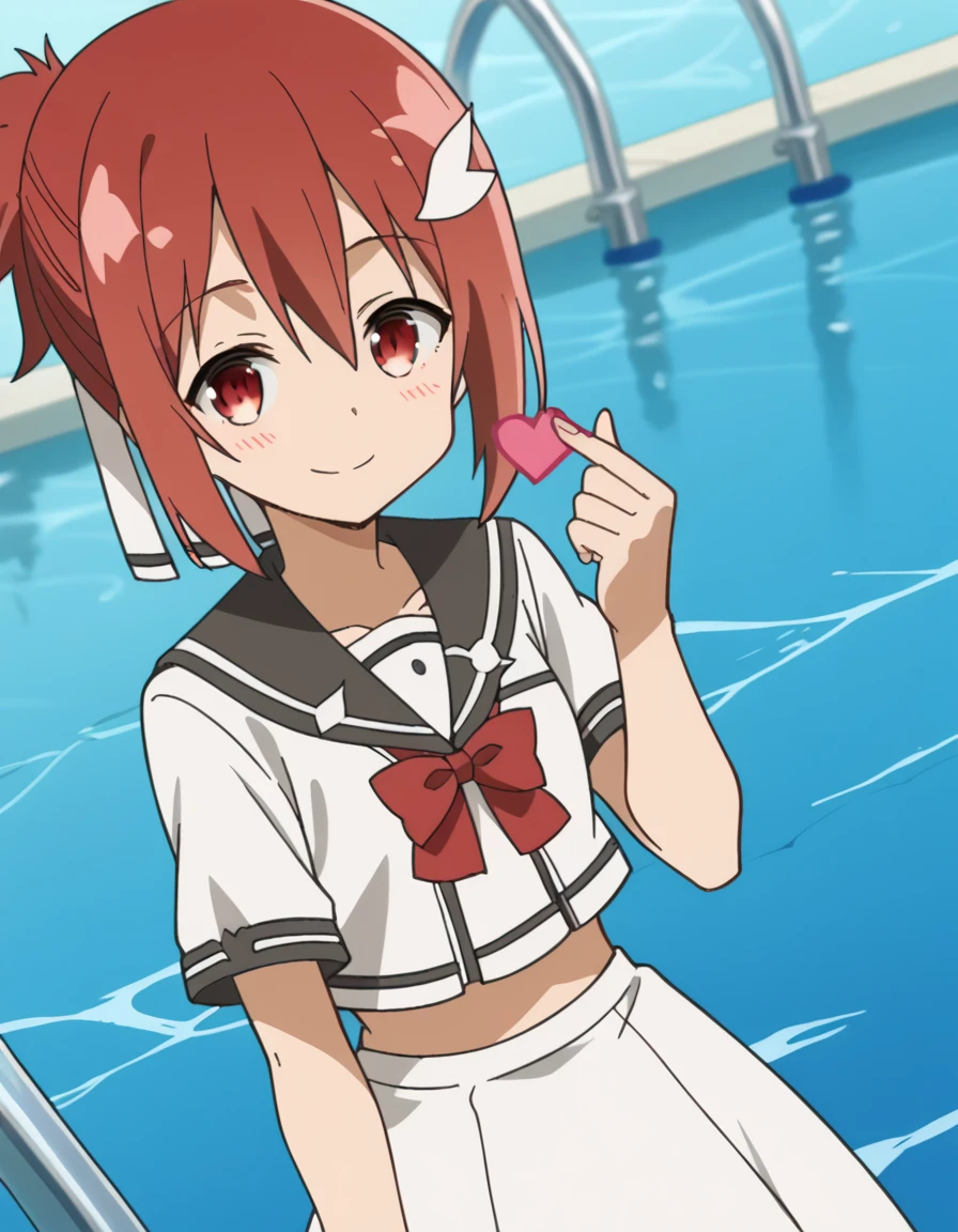 score_9, score_8_up, score_7_up, source_anime, <lora:yuuna-yuuki-s1-ponyxl-lora-nochekaiser:1>, yuuna yuuki, short hair, hair ornament, red eyes, hair ribbon, red hair, hair between eyes, ponytail, anime screencap, school uniform, serafuku, red bowtie, crop top, black crop top, white dress, white skirt,, pool, water, swim, float, poolside, smile, <lora:finger-heart-ponyxl-lora-nochekaiser:1>, finger heart, heart, blush, smile,, looking at viewer, solo,, dutch angle, cowboy shot