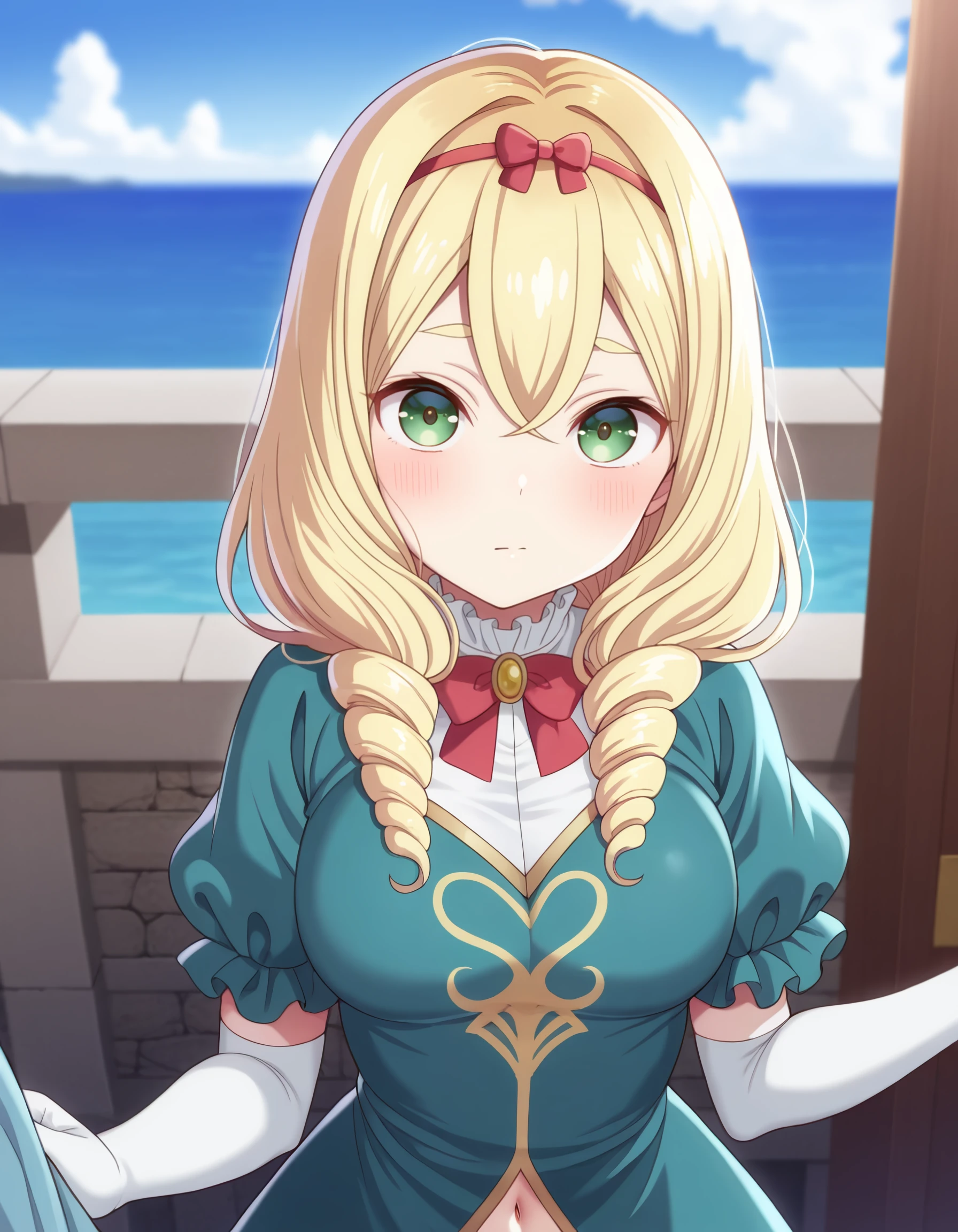 masterpiece, best quality, amazing quality, roanna_fontaine, long_hair, blonde_hair, hairband, twin_drills, green_eyes, red_bow, green_dress, short_sleeves, puffy_sleeves, elbow_gloves, white_gloves, <lora:seirei_gensouki_-_roanna_fontaine_il:1>, by_takenoko_pengin, cloud, 1girl, sky, solo, day, looking_at_viewer, outdoors, blurry_background, navel, horizon, blurry, closed_mouth, sidelocks, blue_sky, ocean