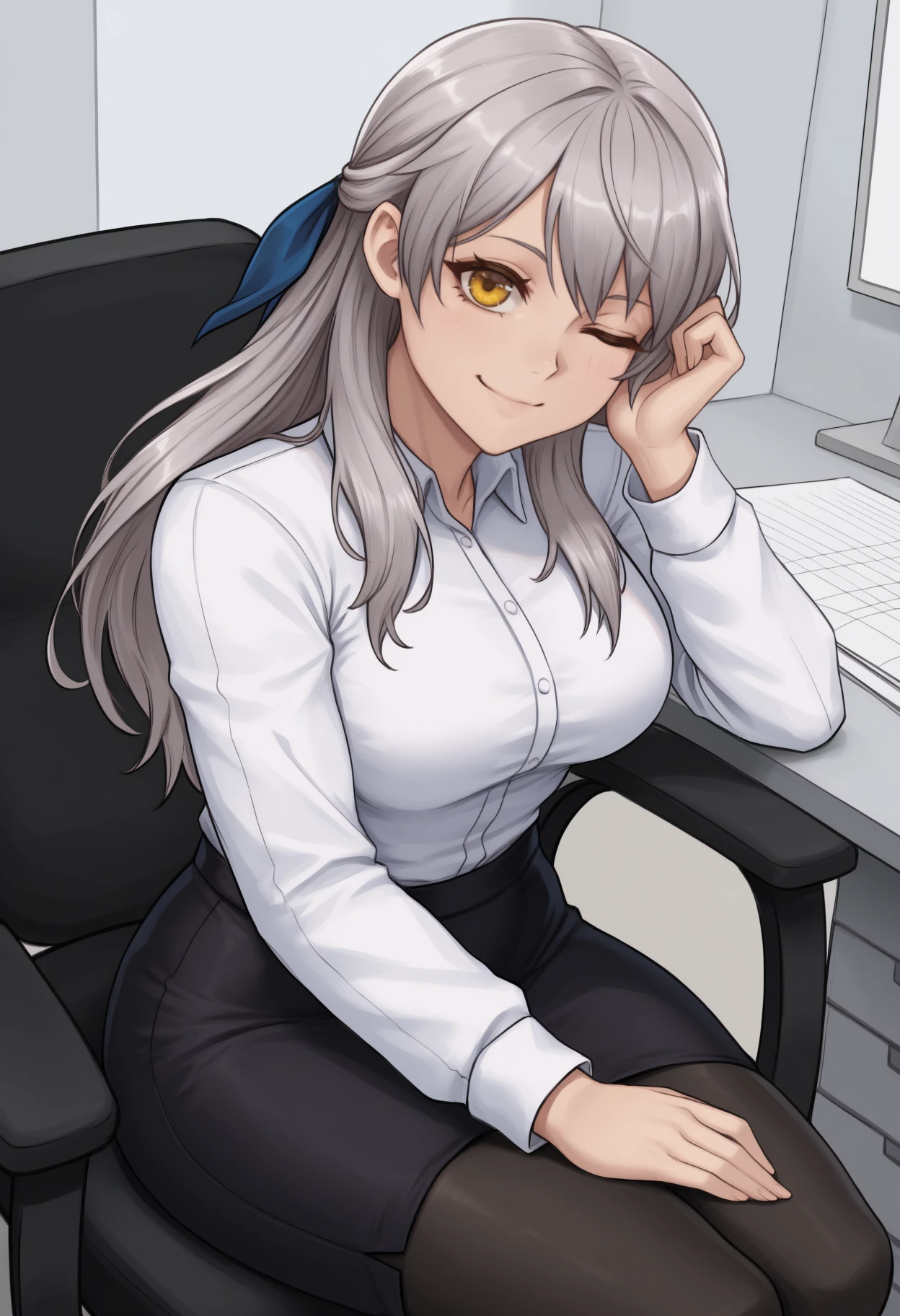 masterpiece, best quality, solo, 1girl, mchdef, smile, looking at viewer, sitting, swivel chair, hand on lap, long hair, grey hair, half updo, hair ribbon, blue ribbon, yellow eyes, one eye closed, white shirt, collared shirt, long sleeves, black skirt, pencil skirt, black pantyhose, indoors, office, cubicle, table
<segment:yolo-Anzhc Face seg 640 v2 y8n.pt,0.4,0.5//cid=1>