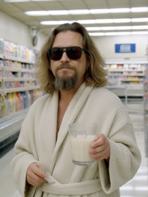 <lora:The DudeV2:0.89> the dude, a man with long hair and beard. He wears a sunglasses and a bathrobe in a wallmart. He holds a glass of milk