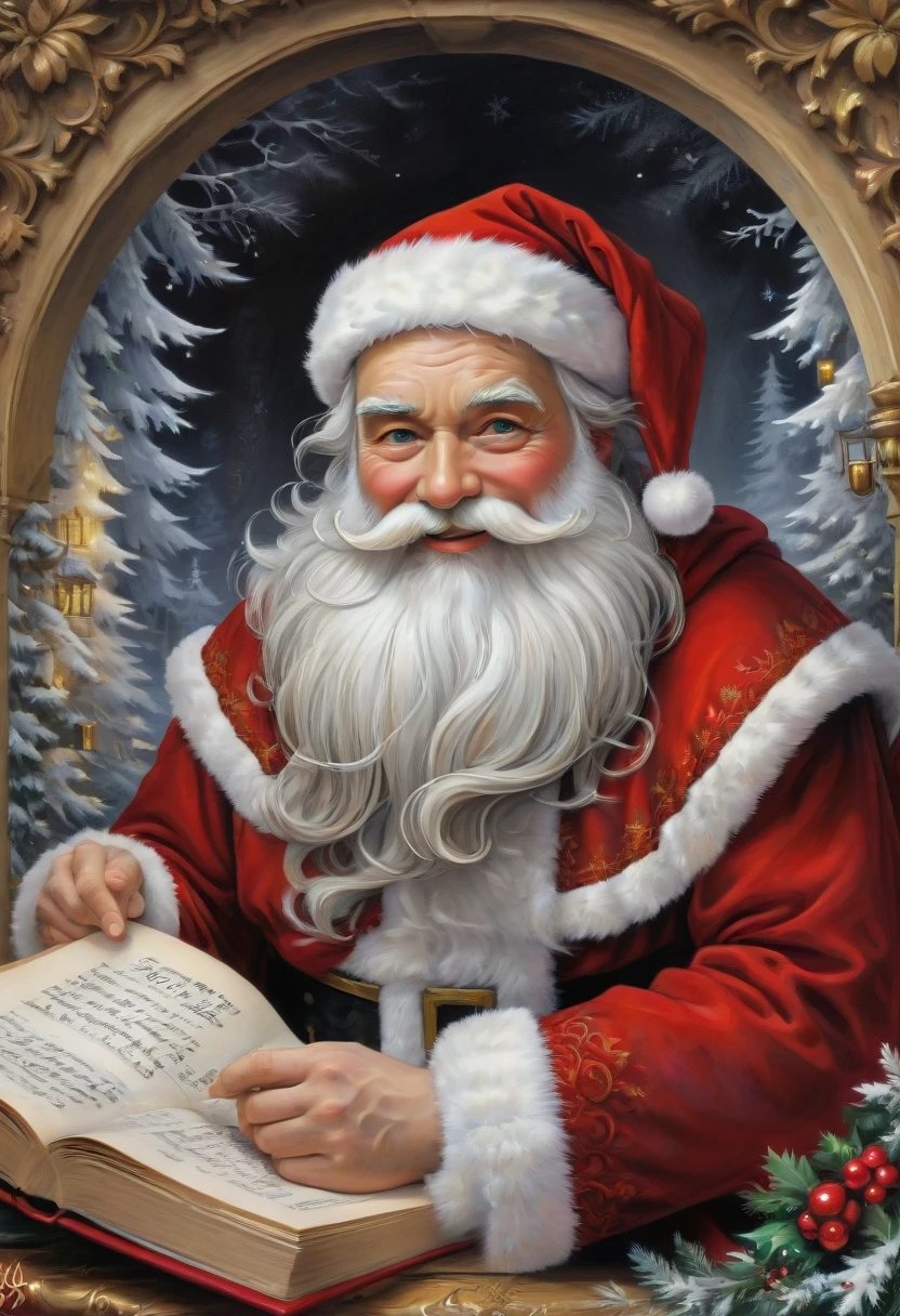 santafestivemood, Santa, portrait, storybook illustration, anime, highly detailed beautiful details, intricate and ornate, masterpiece, best quality, clean sharp outlines, extremely high contrast, SFW