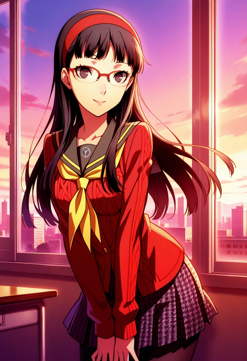 score_9, score_8_up, score_7_up, (source_anime), 1 girl, solo, nsfw, cute face,
p4amagi, Amagi Yukiko, long hair, pleated skirt, black hair, bangs, red cardigan, school uniform, hairband, serafuku, yellow neckerchief, black pantyhose, yasogami school uniform, glasses, red framed eyewear, smile,
eye contact, looking at viewer, smile, thighs, 
classroom, window, cityscape
masterpiece, best quality, ultra detailed, absurdres, very aesthetic