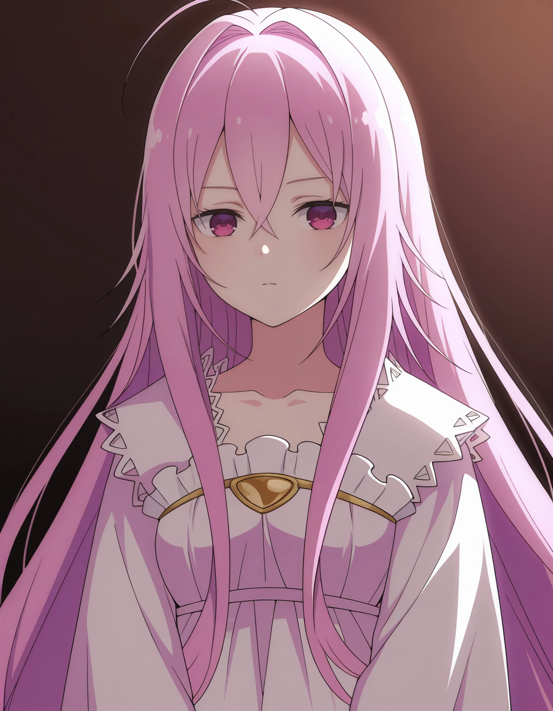 masterpiece, best quality, amazing quality, <lora:seirei_gensouki_-_aishia_il:1> aishia, very_long_hair,  pink_hair, hair_between_eyes, hair_intakes, purple_eyes,  pink_eyes, frilled_dress, long_sleeves, frills, by_bonno_sasu, lapels, white_background, 1girl, feather_boa, simple_background, solo, closed_mouth, looking_at_viewer, portrait, serious, ahoge, high_collar, brown_theme