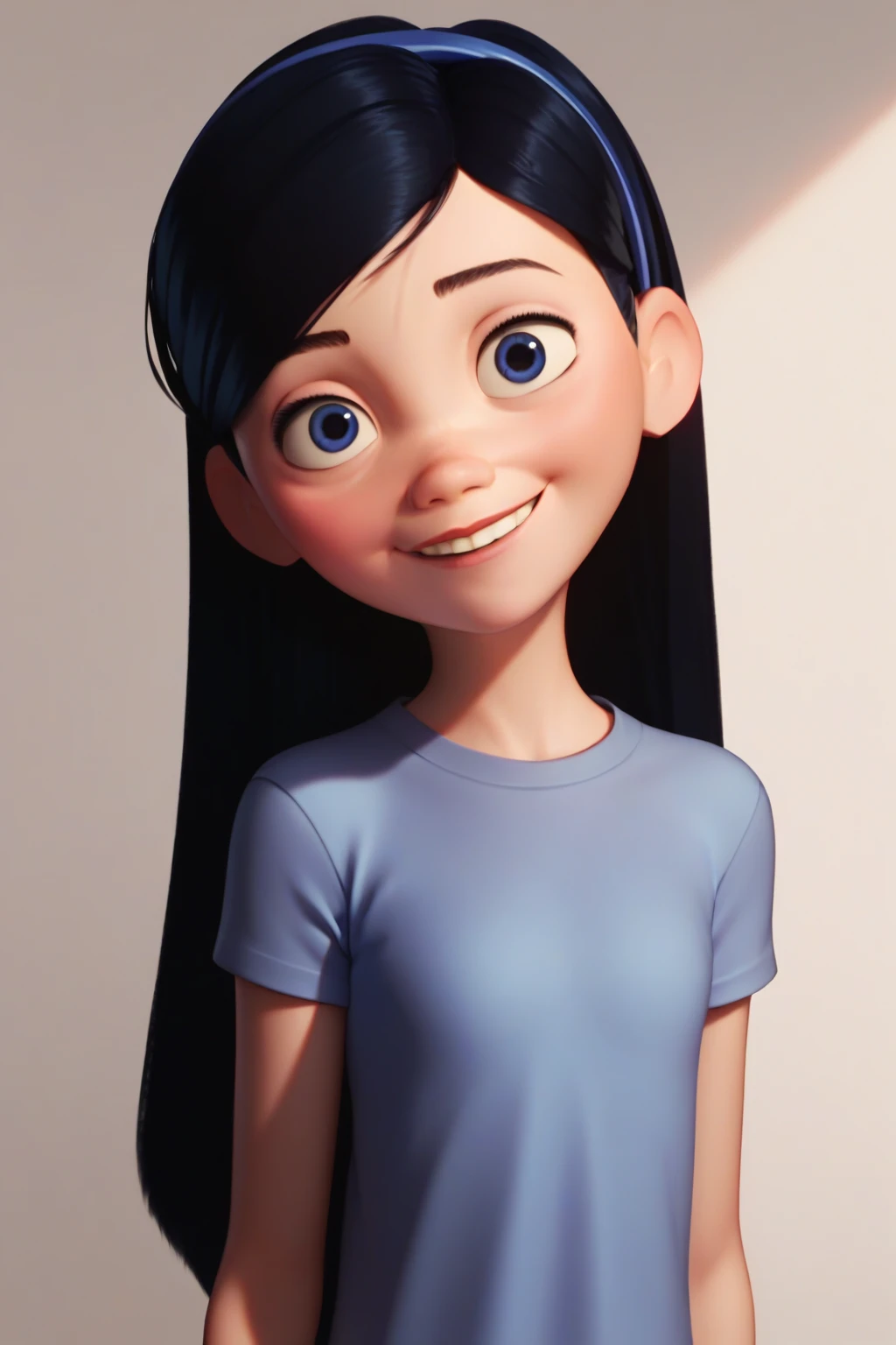 score_9, score_8_up, score_7_up,,Violet Parr,1girl,solo,black hair,long hair,blue eyes,hairband,blue t shirt,smile,female child