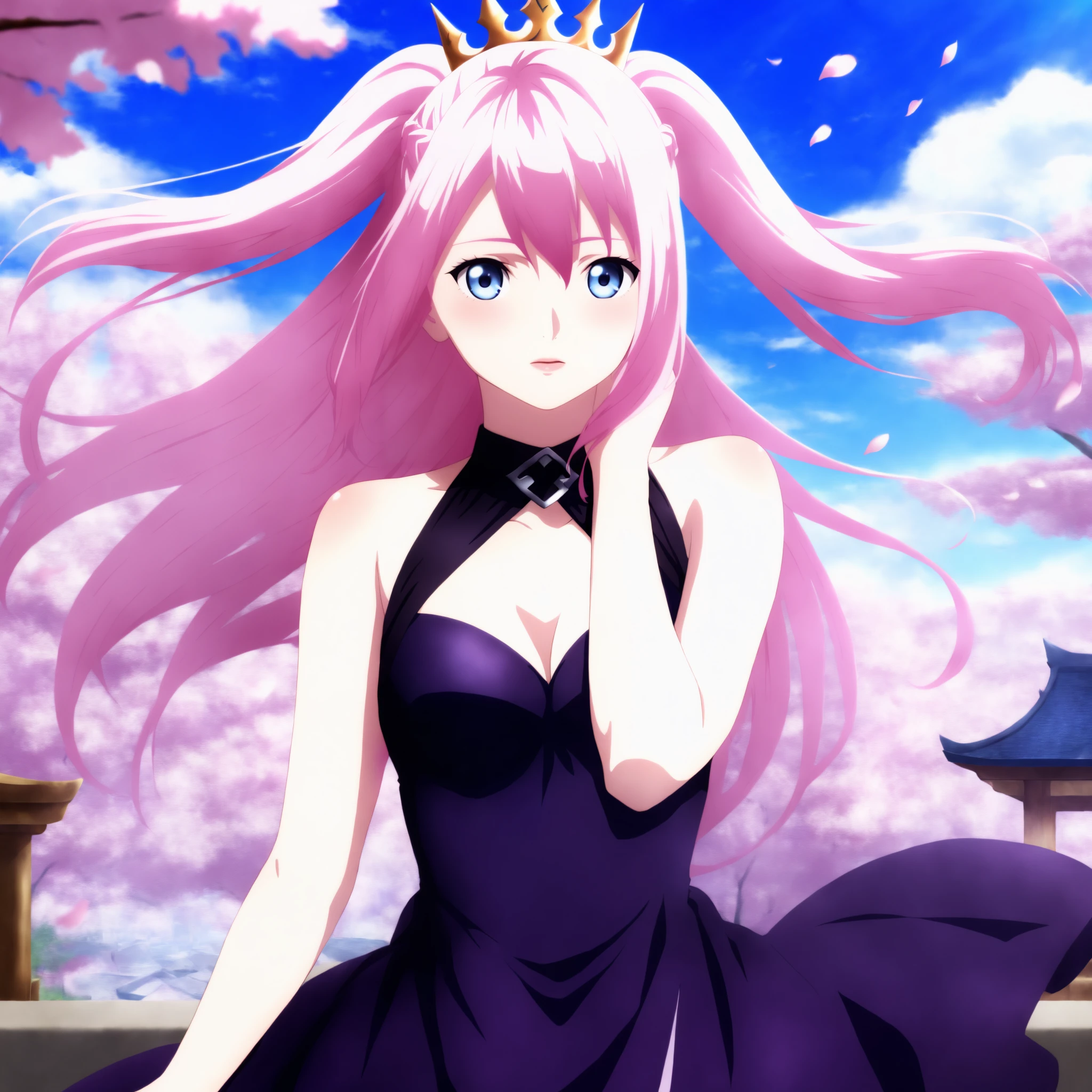 masterpiece,best quality, 1girl, solo, two side up, 15_Shionne_01B, shionne 01b, pale skin, (long hair),pink hair, (blue eyes),medium breast size,1girl black dress, dress, solo,dress, bare shoulders, sleeveless, sleeveless dress, black crown, purple dress , looking up, hand on the chin, ,  wind,  floating hair, standing,  thinking, very beautiful, so attractive, high detail background, cherry blossom trees,  <lora:Shionne_Black_Dress-000014:0.9>