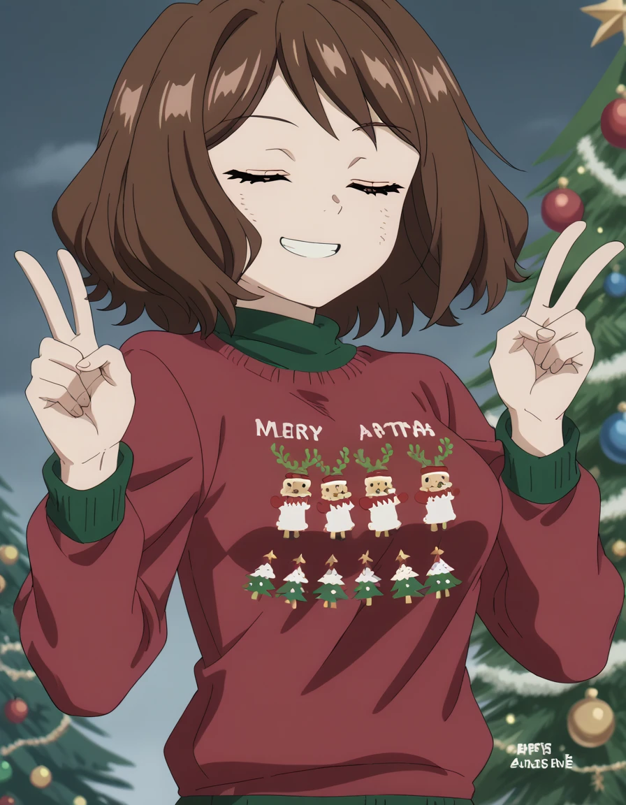 score_9, score_8_up, score_7_up, source_anime, <lora:ehre-s1-ponyxl-lora-nochekaiser:1>, ehre, short hair, brown hair, brown eyes, medium hair, medium breasts, anime screencap, <lora:christmas-sweater-ponyxl-lora-nochekaiser:1>, christmas sweater, christmas, ugly sweater, print sweater, red sweater, christmas tree, christmas ornaments, sweater, multicolored sweater, , v, smile, hands up, teeth, closed eyes, cowboy shot,, , dutch angle, cowboy shot