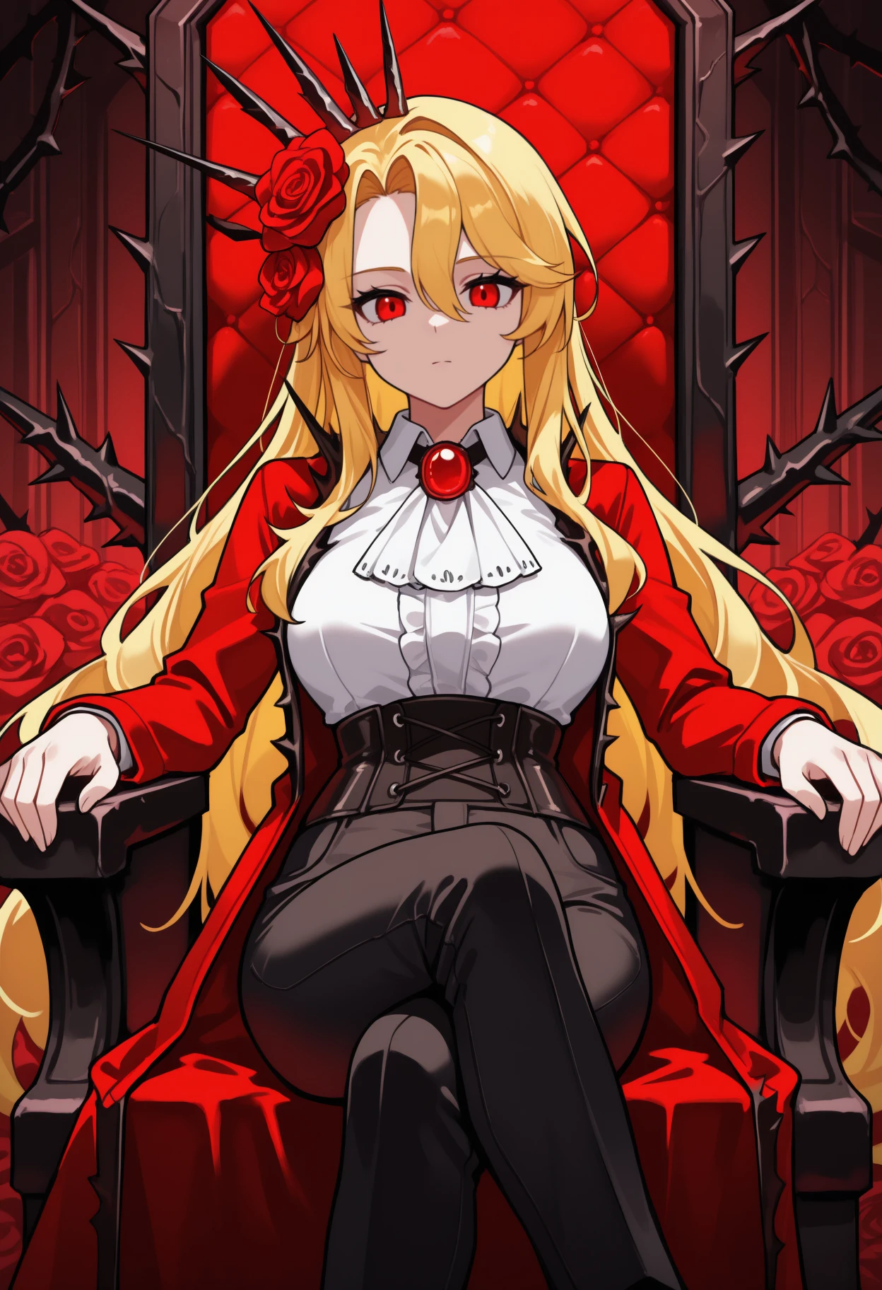 masterpiece, best quality, feet out of frame, solo, 1girl, dnqxmrcl, expressionless, looking at viewer, sitting, throne, crossed legs, arm rest, blonde hair, hair between eyes, hair flower, red rose, crown, red eyes, red coat, open coat, long sleeves, white shirt, collared shirt, center frills, white ascot, brooch, red gemstone, black corset, black pants, indoors, thorns
<segment:yolo-Anzhc Face seg 640 v2 y8n.pt,0.4,0.5//cid=1>