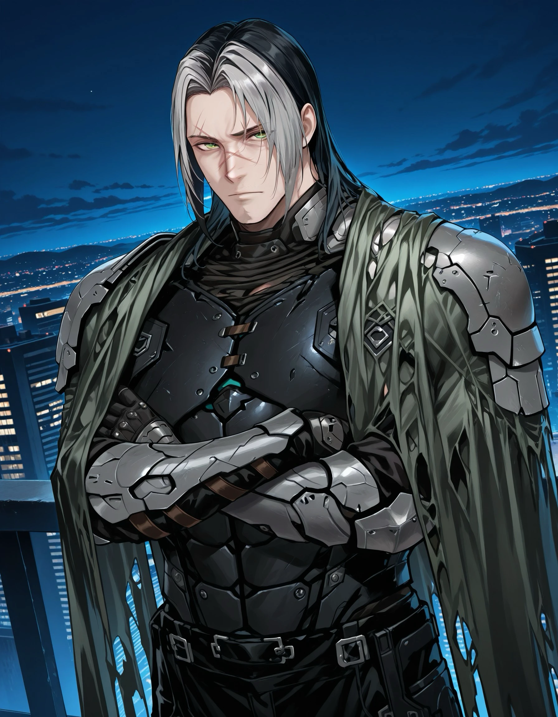 masterpiece,best quality,amazing quality, Dutch angle, solo, Mature male, DemonPTN, Green eyes, long hair, Parted bangs, Black hair, grey hair, Two-toned hair, nose scar, armoured vest, cloak, ripped cloak, black pants, crossed arms, shoulder armour, gauntlets, overlooking city background, night, looking at viewer