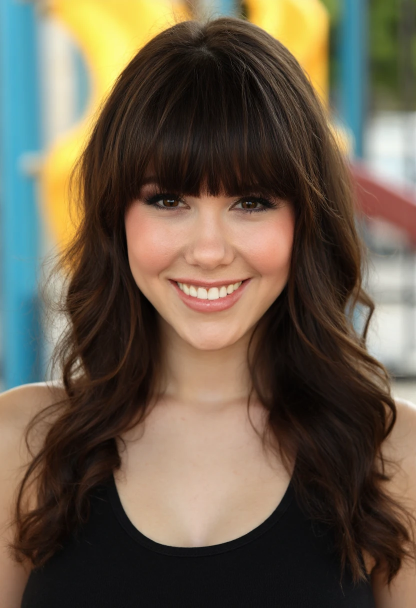 the image is a high-quality professional  close-up photograph of beautiful clairesinclair with bangs. .She is looking directly at the viewer and smiling. The background is playground. This photo is a headshot 