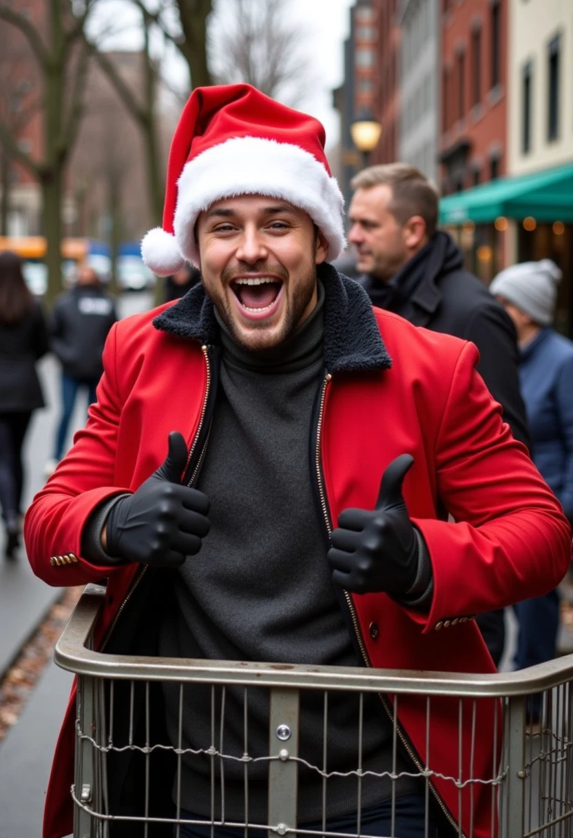 Saturday Night Live Television Comedian, Wearing a Santa Hat, in a trash dumpster outside the studio, thumbs up, massive grin