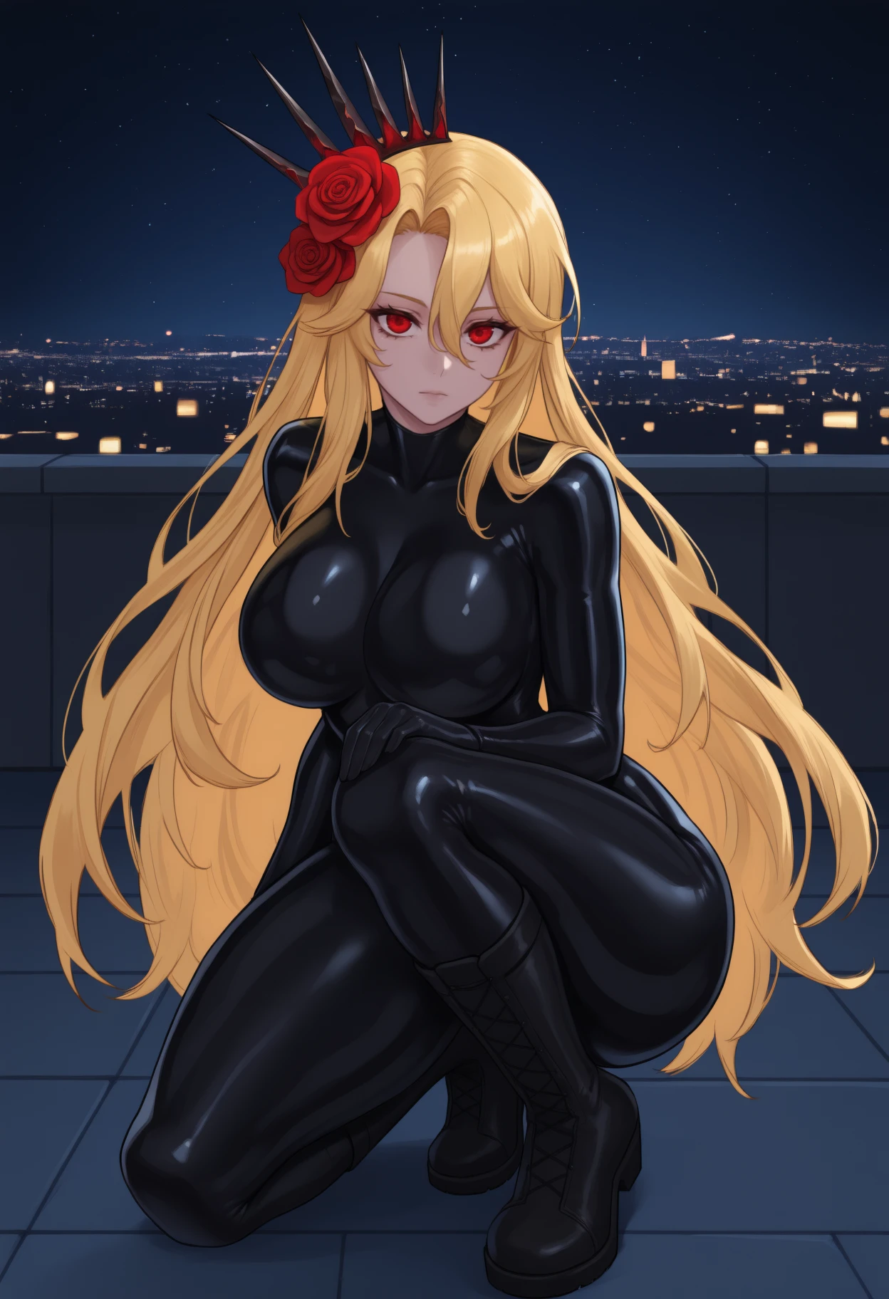 masterpiece, best quality, full body, solo, 1girl, dnqxmrcl, expressionless, looking at viewer, on one knee, blonde hair, hair between eyes, hair flower, red rose, crown, red eyes, black bodysuit, latex bodysuit, black gloves, black footwear, boots, large breasts, outdoors, night, star \(sky\), rooftop, cityscape, city lights
<segment:yolo-Anzhc Face seg 640 v2 y8n.pt,0.4,0.5//cid=1>