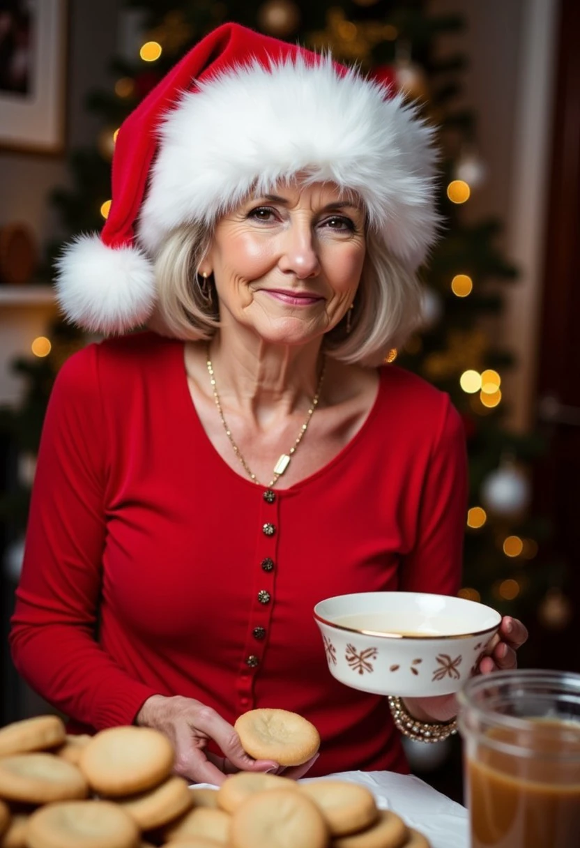 Mrs Claus is Wearing a Santa Hat, old woman, mature, studio photography, christmas theme, indoors, christmas tree, christmas baking, cookies, warm themes of smells eminiating from the kitchen