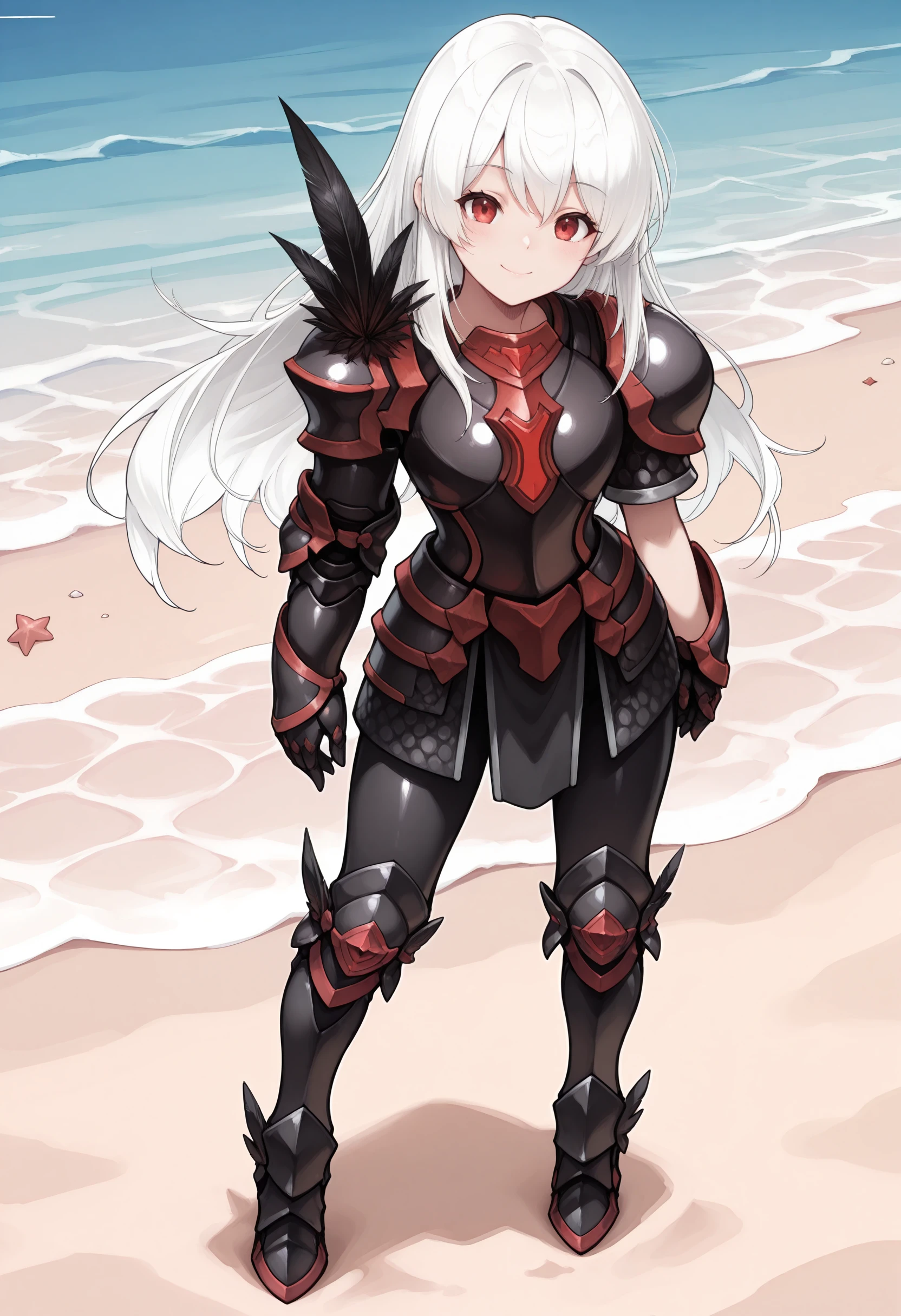 best quality, masterpiece \(quality\),
d4rkm3l, white hair, red eyes, 
smile, closed mouth,
black armor, single feather pauldron, 
1girl, solo,
standing, full body,
beach,
<lora:faux-darkmel-mixed12-illu-came-rank128a64-lora:0.8>