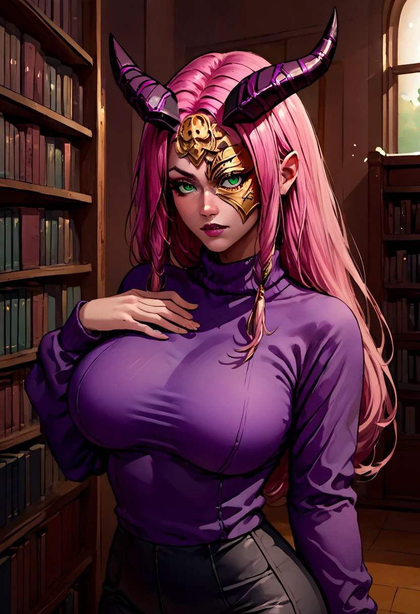 score_9, score_8_up, score_7_up, score_6_up, source_anime, 1girl, solo,  nuibaba,, pink hair, long hair, green eyes,, horns, mask,, lipstick, large breasts, purple sweater, turtleneck, black pants, library, looking at you, hand on own chest