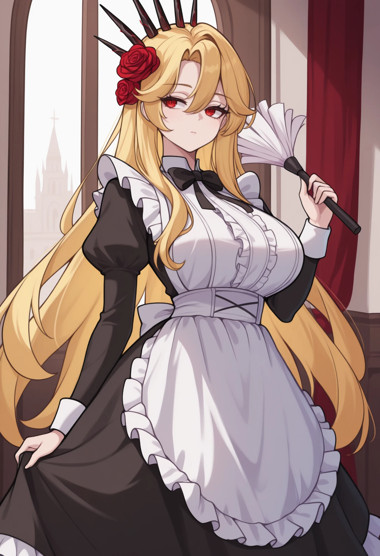 masterpiece, best quality, solo, 1girl, dnqxmrcl, expressionless, looking to the side, standing, hand up, holding duster, blonde hair, hair between eyes, hair flower, red rose, crown, red eyes, maid, black dress, frilled dress, black bowtie, juliet sleeves, white apron, maid apron, large breasts, indoors, hallways
<segment:yolo-Anzhc Face seg 640 v2 y8n.pt,0.4,0.5//cid=1>