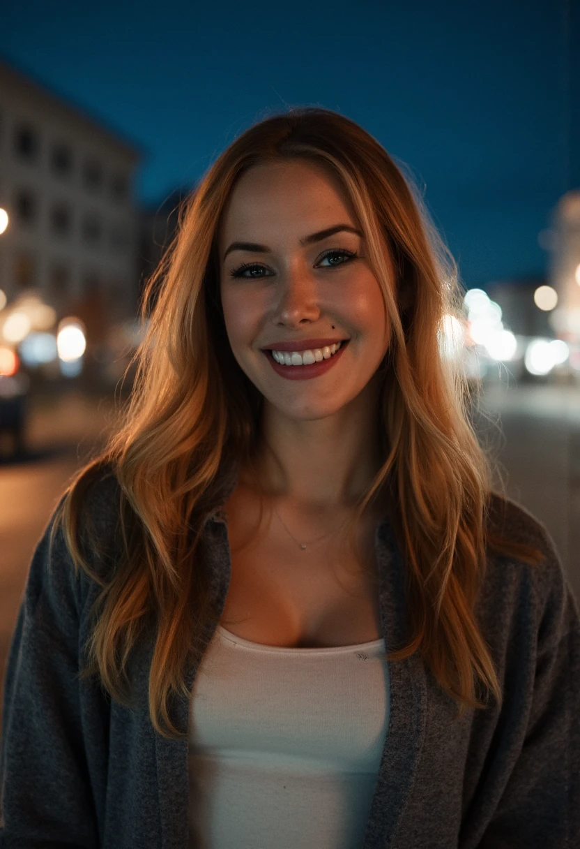 the image is a high-quality professional  close-up photograph of  beautiful kennedysummers. She is wearing  sweatshirt. She is looking directly at the viewer and smiling. The background is night sky. This photo is a headshot. Shot with small amount of film grain