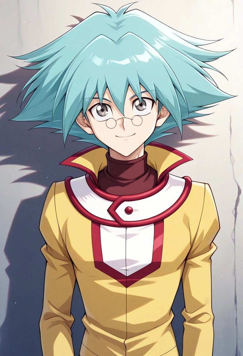 masterpiece, best quality, 
ShoMarufuji, 1boy, male focus, solo, grey eyes, glasses, round eyewear, pince-nez, aqua hair, spiked hair, hair between eyes, duel academy uniform (yu-gi-oh! gx), shirt, red shirt, turtleneck, jacket, yellow jacket, long sleeves, smile, cute, upper body
outdoor,