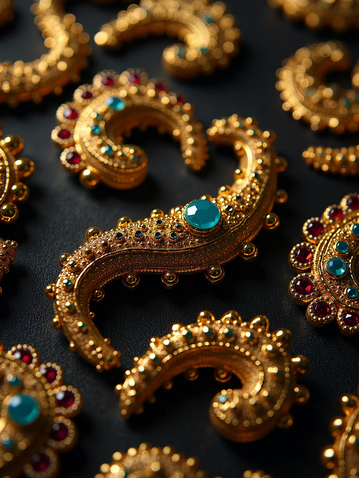 close up photo of golden jewery with encrusted gems in shape of a centipede in paisley pattern showcases a stunning interplay of curves and intricate detail, harmoniously blending rich earthy tones with vibrant blues and greens. The geometric composition creates a rhythmic flow, black dropback. Many tear shaped motif, tilt shift