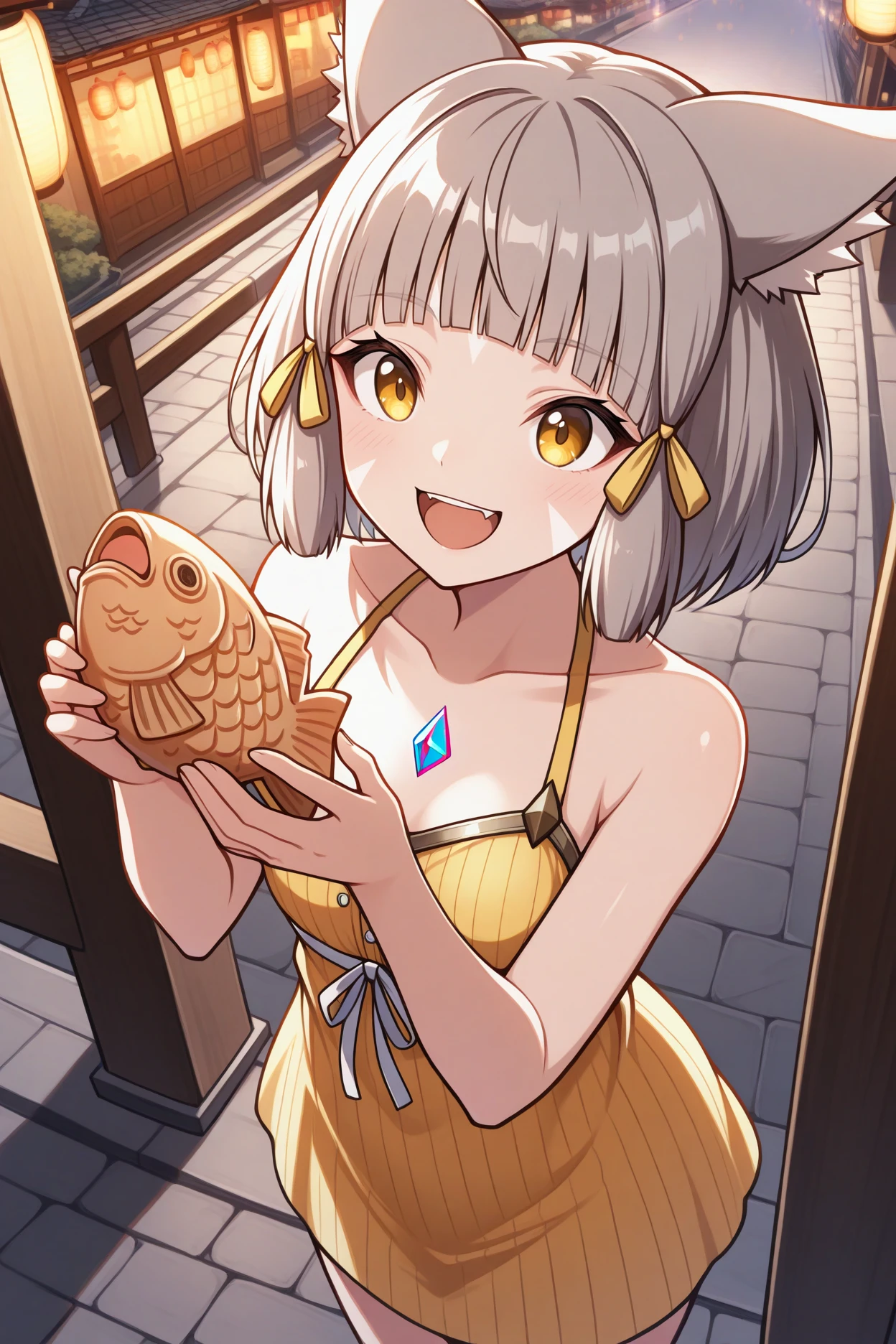 masterpiece, best quality, 1girl, solo, <lora:nia-illu-nvwls-v1_1-000006:1> xc2N1a, cat ears, grey hair, short hair, blunt bangs, facial mark, hair ribbon, chest jewel, yellow sundress, short dress, holding taiyaki, night, city street, smile, open mouth, happy, japanese architecture, from above, hands up