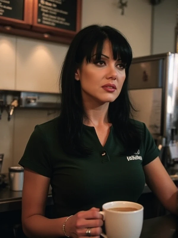 <lora:Jenna Fine:0.9> jenna fine,a woman with long black hair wears a starbucks uniform. She serves coffee in a starbucks