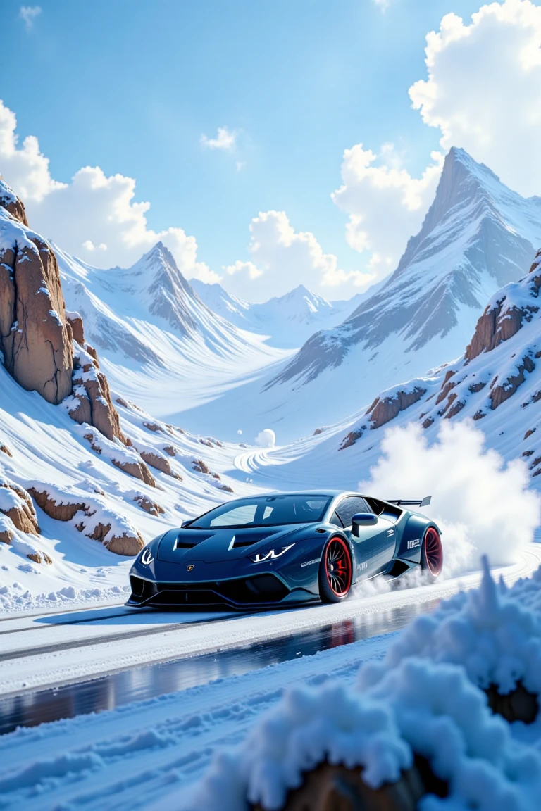 A futuristic cityscape from Zootopia's snowy mountainside, a sleek Lamborghini Huracán speeding down the winding road, with snow crystals gently falling around it. The vehicle's LED lights illuminate the foggy mist as it zooms by, leaving a trail of frosty vapor in its wake.