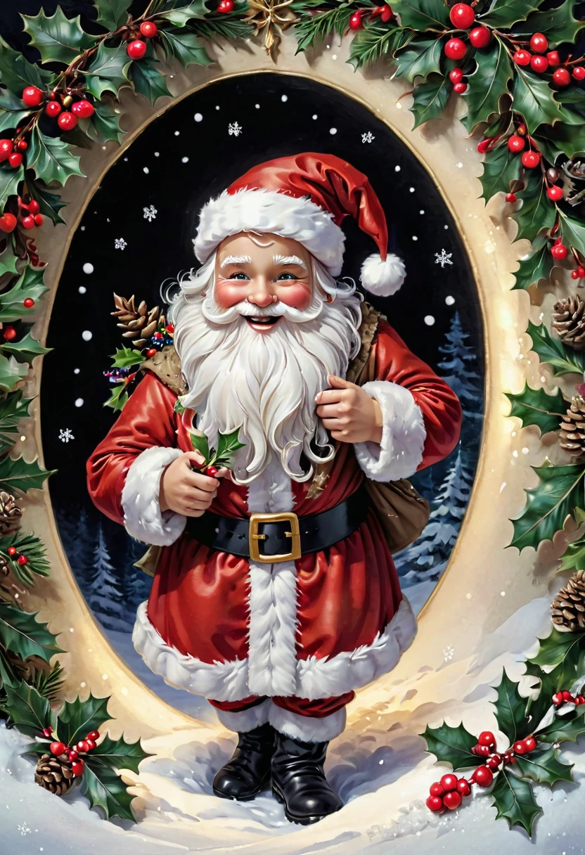 santafestivemood, fairy-tale luxurious Christmas greeting card, close up of Santa, whole body, smiles, joyful, dynamic pose, light on face, shadow play, perfect face, sharp glowing eyes, holly berries, pine cones, sparkling snow, storybook illustration, highly detailed unusual beautiful details, intricate, intricate pose, tiny details masterpiece, high quality, intricate lighting, luminous