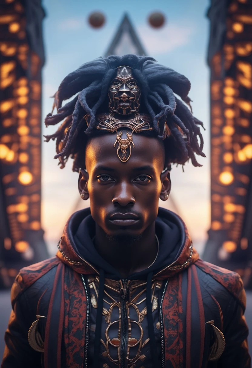 Portrait of a man. His head is crowned with a headdress of metal and energy, its structure reminiscent of ancient African designs. The air shimmers with color and light, while behind him, towering structures with carvings of futuristic hieroglyphs glow softly against the sky.