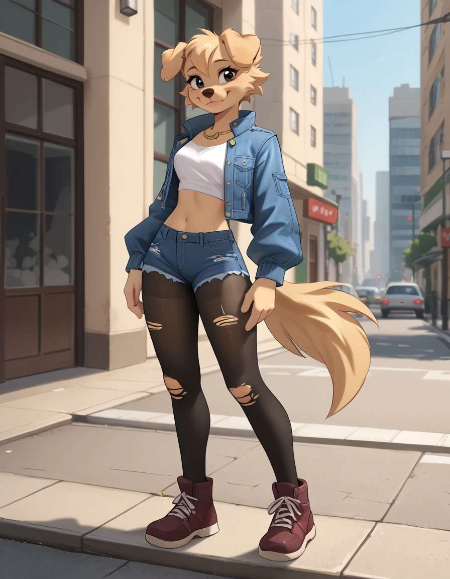 outdoors,city,
full body,smile,long eyelashes,
torn pantyhose, denim shorts,crop top,denim jacket,
<lora:Bherri_v01_PDXL:1>,Bherri,1girl,solo,furry female,dog girl,dog ears,dog tail,short hair,blonde hair,bangs,body fur,brown fur,two-tone fur,animal nose,black eyes,