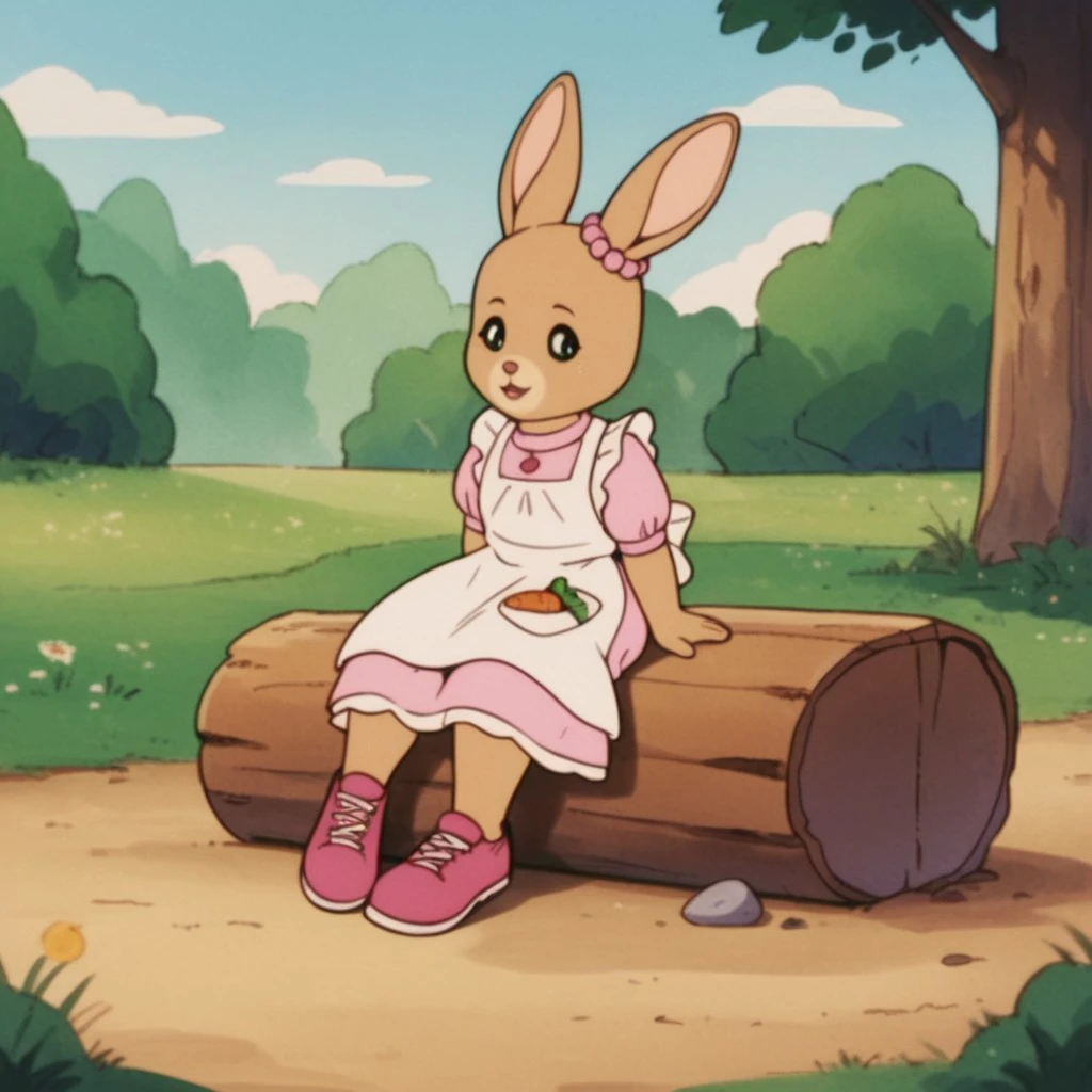 score_9, score_8_up, score_7_up, score_6_up, score_5_up, score_4_up, source_furry, PattyRabbit, anthro, female, rabbit, tan fur, pink dress, white apron, pink shoes, beaded ear ornament, sitting, outside, sitting, on a log, in a field,