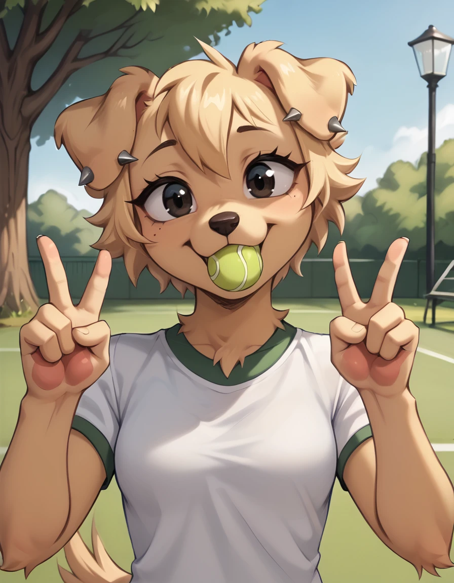 outdoors,park,
upper body,long eyelashes,happy,
tennis ball in mouth,double v,
<lora:Bherri_v01_PDXL:1>,Bherri,1girl,solo,furry female,dog girl,dog ears,dog tail,short hair,blonde hair,bangs,body fur,brown fur,two-tone fur,animal nose,black eyes,