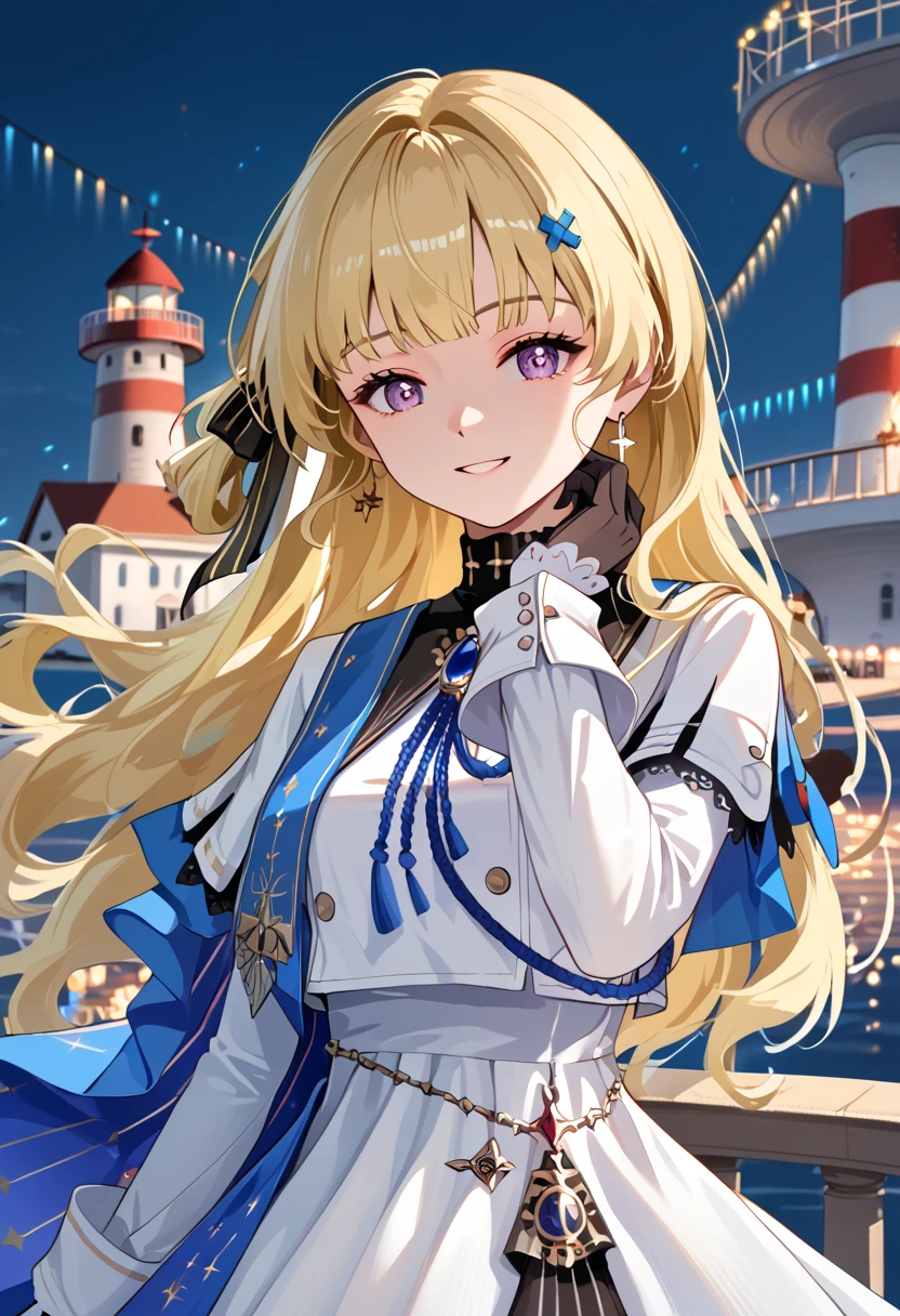 score_9, score_8_up, score_7_up, BREAK source_anime, (masterpiece), (best quality), 1girl, blonde hair, purple colored eyes, long hair, black gloves, white dress, hair ornaments, looking at viewer, one hand on chin, slightly smile, shine, harbor, containers at background, lighthouse, colorful lights, (from front:0.6), (masterpiece), (best quality), (ultra detailed), (masterpiece, best quality, amazing quality, highres, absurdres, very aesthetic, depth of field), long sleeves