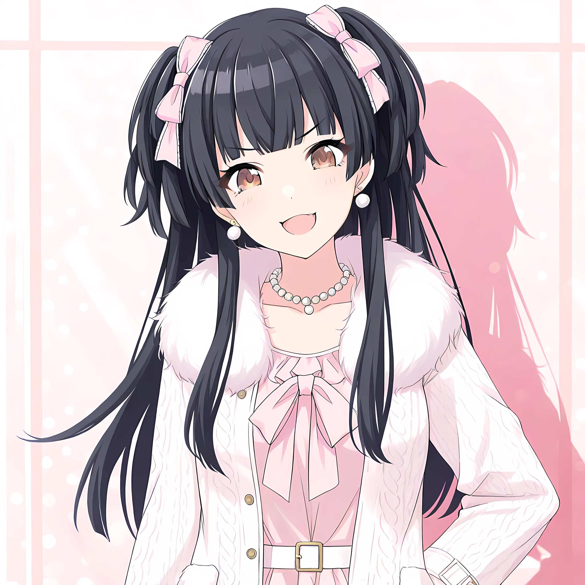 mayuzumi_fuyuko, 1girl, solo, jewelry, black hair, fur trim, earrings, long hair, necklace, open mouth, looking at viewer, bow, bangs, pearl necklace, brown eyes, open clothes, two side up, blush, hair bow, smile, coat, long sleeves, v-shaped eyebrows, upper body, wintercasual<lora:MayuzumiFuyukoIllustXL:1>, (masterpiece),(best quality),(ultra-detailed),(best illustration),(best shadow),(absurdres),(detailed background),(very aesthetic),