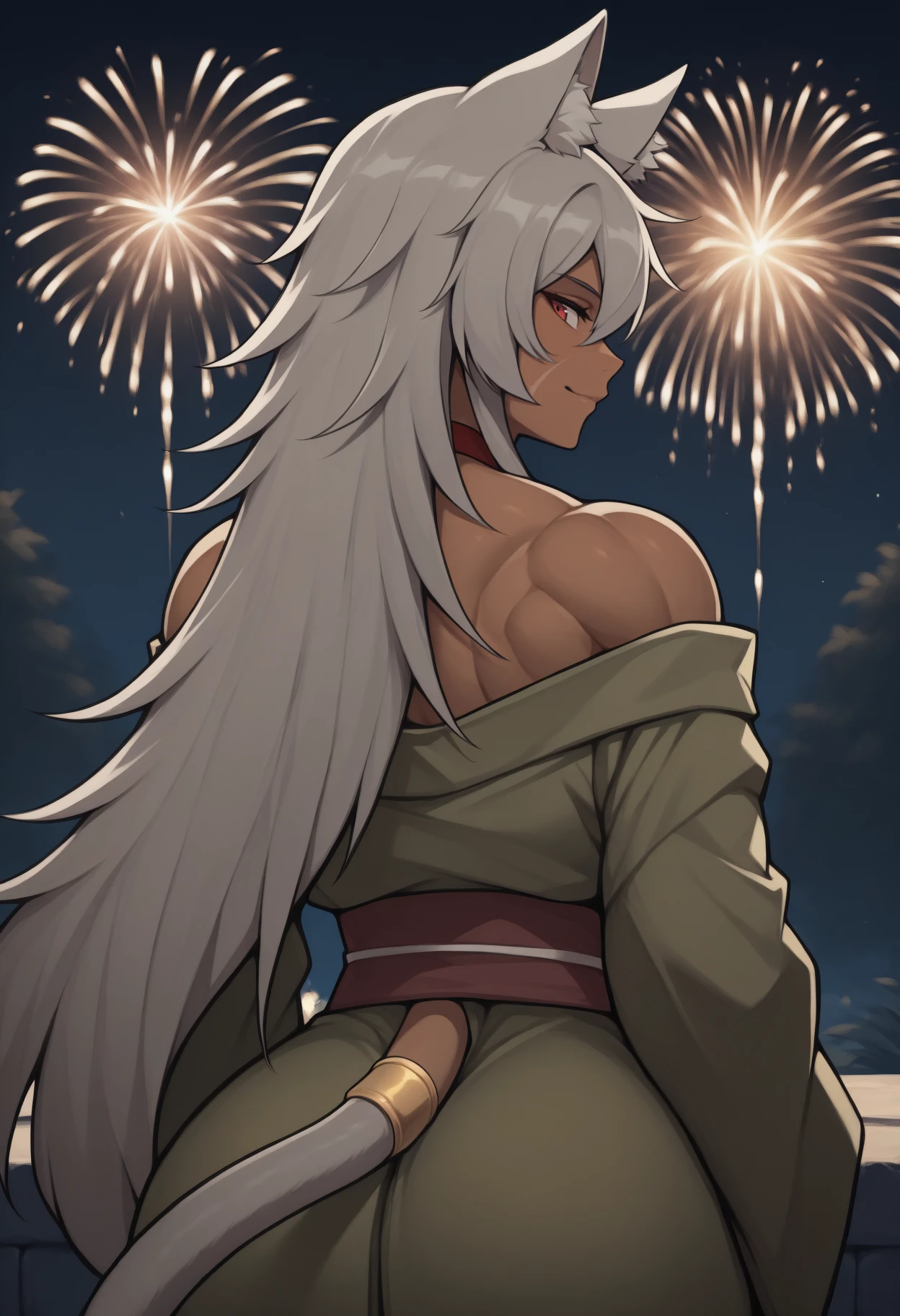 anime, masterpiece, best quality, from behind, profile, solo, 1girl, ghslndef, dark-skinned female, cat tail, tail ring, muscular female, scar on cheek, slight smile, looking back, long hair, grey hair, hair between eyes, sidelocks, animal ears, animal ear fluff, red eyes, japanese clothes, green kimono, off shoulder, red sash, red choker, bare shoulders, outdoors, night, fireworks
<segment:yolo-Anzhc Face seg 640 v2 y8n.pt,0.4,0.5//cid=1>